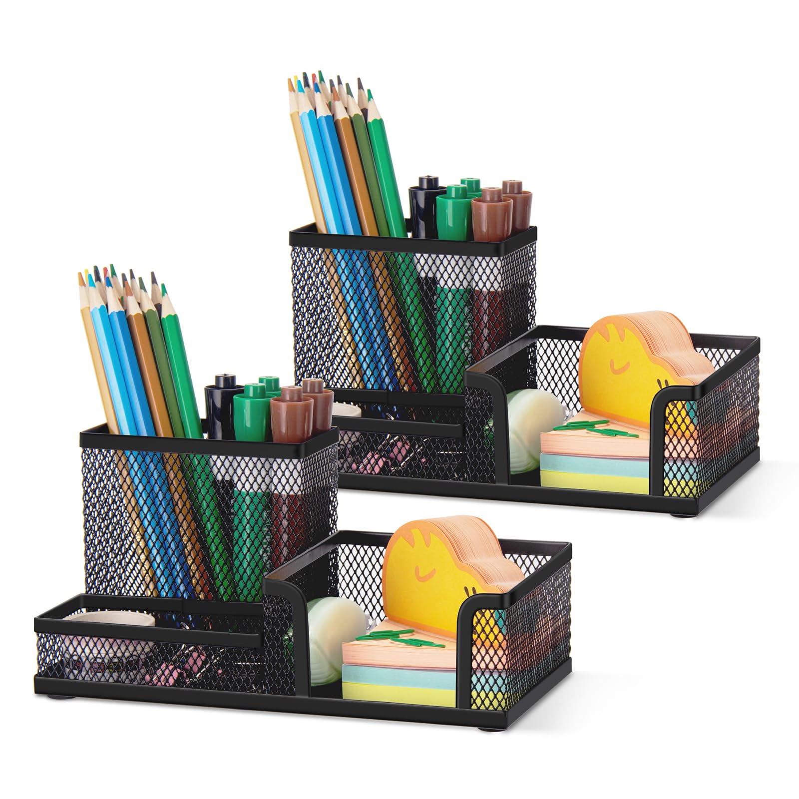 Comix Mesh Pen Pencil Holder With Post It Note Holders Desk Organizer, 3 Compartment Wire Desktop Pen Pencil Cup Caddy Office Su