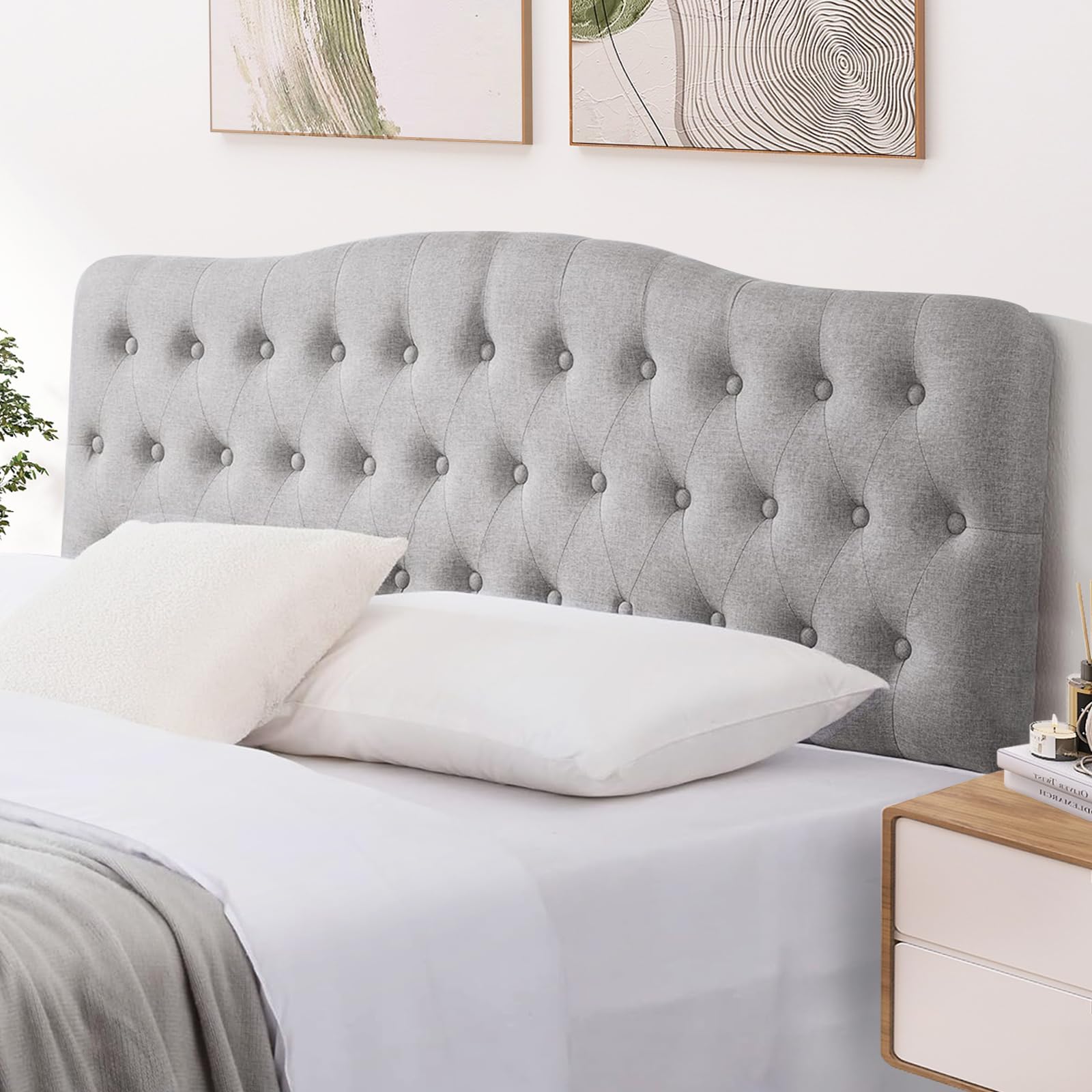 Iroomy Upholstered Full Headboard, Button Diamond Tufted Headboard With Adjustable Height And Solid Wood Leg, Linen Fabric Padded Headboard For Full Size Bed, Mordern Head Board, Grey