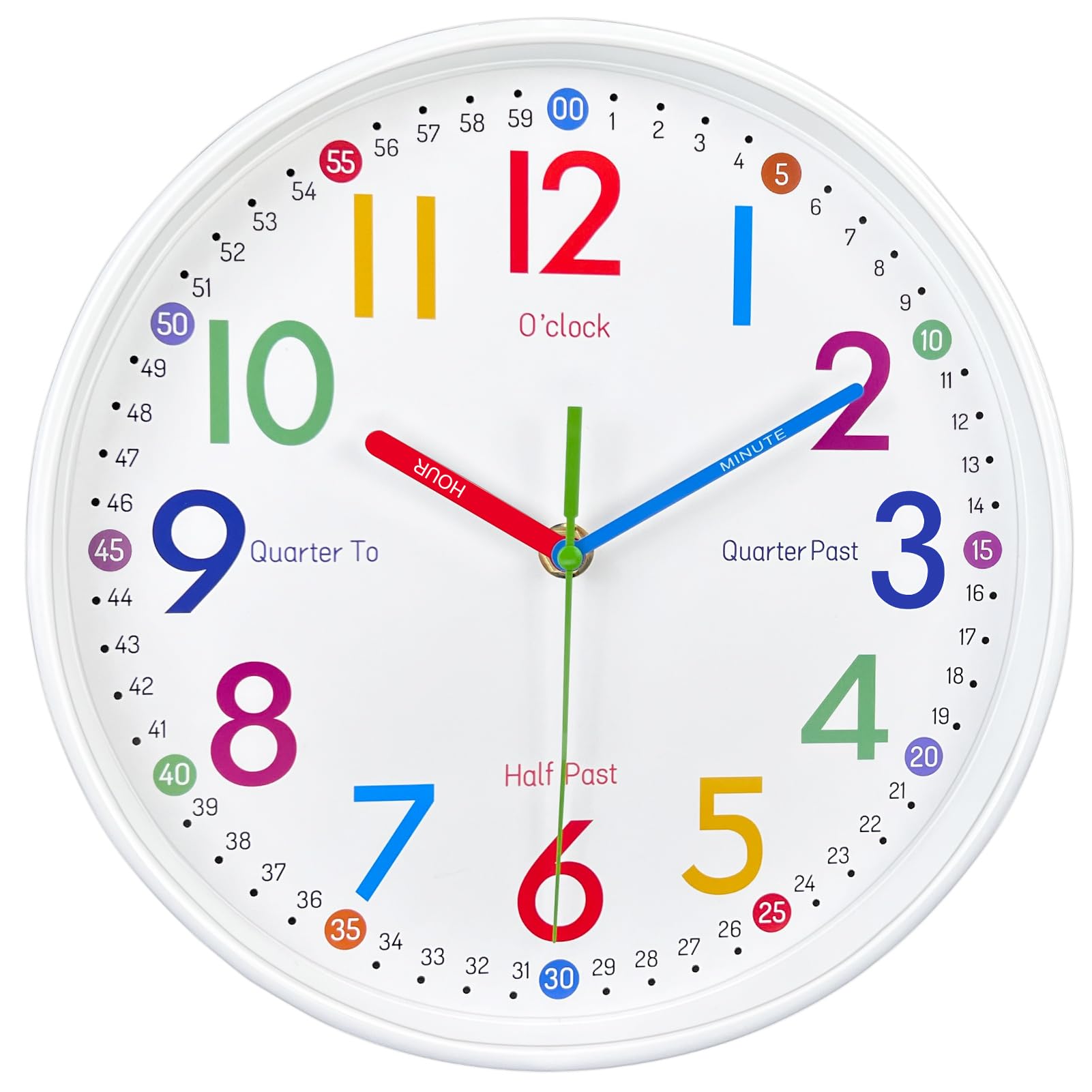 AIRUIFU Learning Clock for Kids-Silent Analog Clock for Bedrooms-Kids Room Decor-12 Inches Colorful Wall Clock Helps Kids Easier