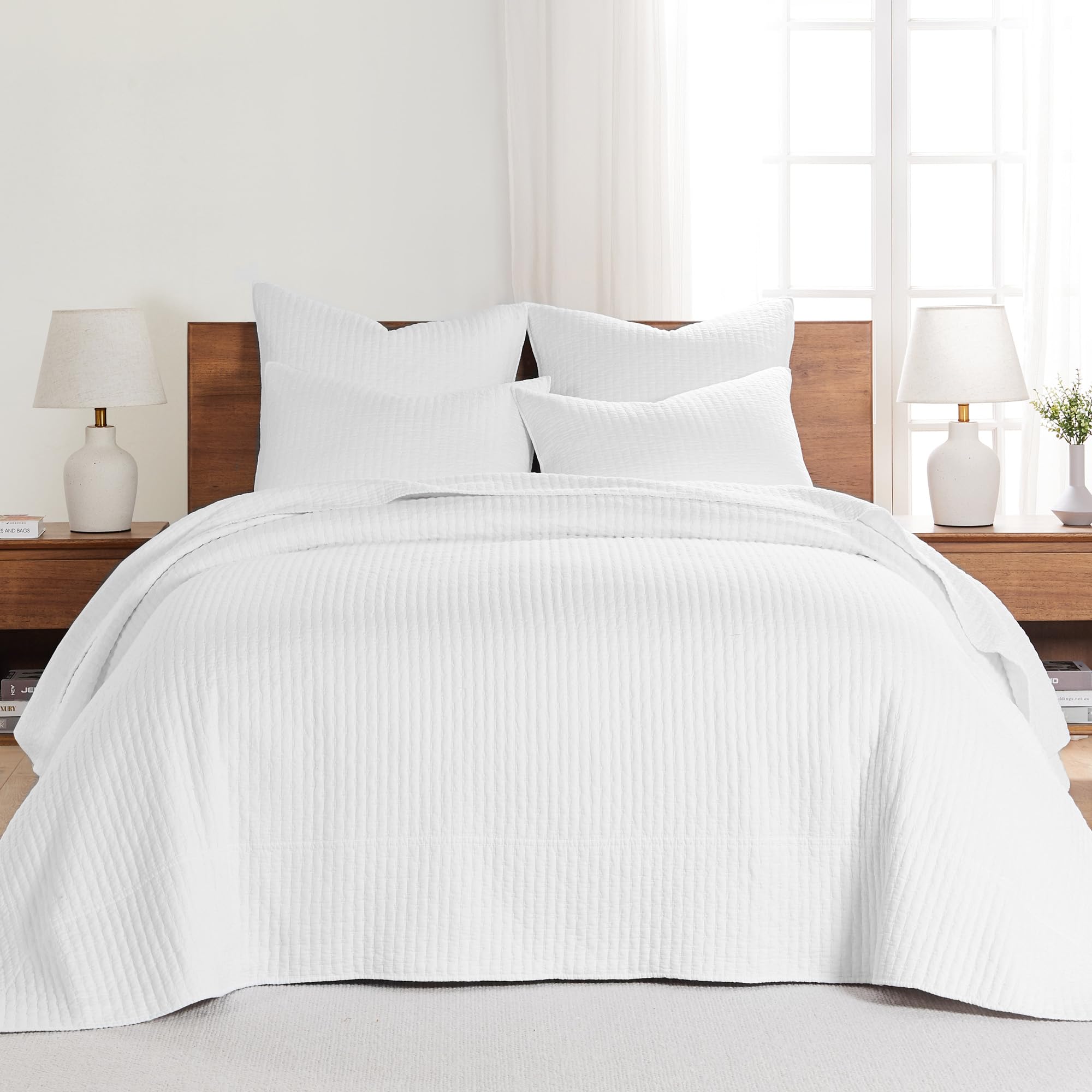 Levtex Home - Cross Stitch Bright White Bedspread Set - Full Quilted Bedspread And Two Standard Shams - Cross Stitch Pattern - B