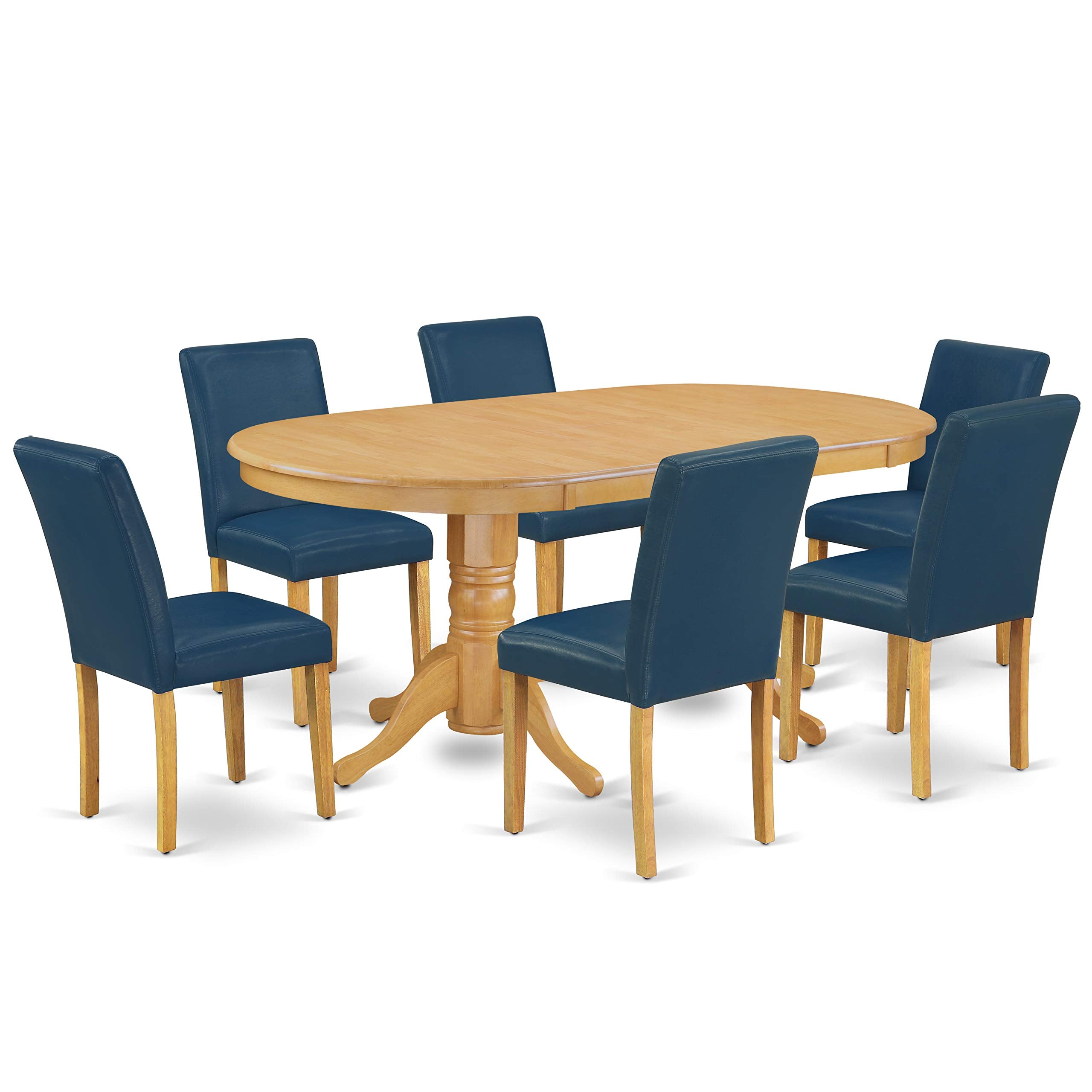 East West Furniture Vaab7-Oak-55 7 Piece Dinette Set Consist Of An Oval Dining Room Table With Butterfly Leaf And 6 Oasis Blue Faux Leather Upholstered Chairs, 40X76 Inch, Oak