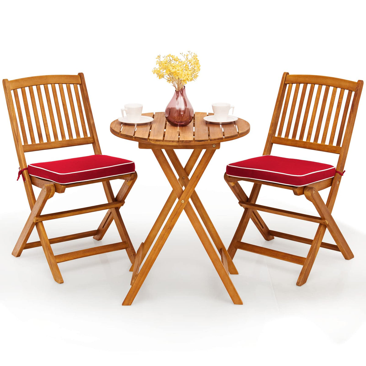 Giantex 3Pcs Patio Bistro Set, Wood Folding Table Set, 2 Cushioned Chairs For Garden Yard, Outdoor Furniture Round Table, Natural & Red