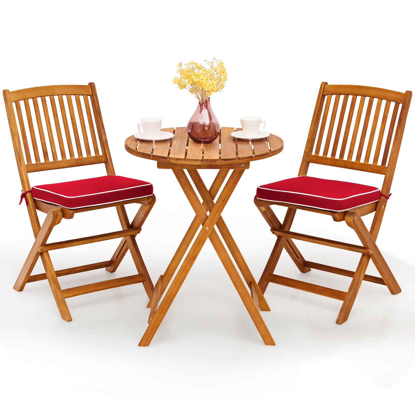 Giantex 3Pcs Patio Bistro Set, Wood Folding Table Set, 2 Cushioned Chairs For Garden Yard, Outdoor Furniture Round Table, Natural & Red