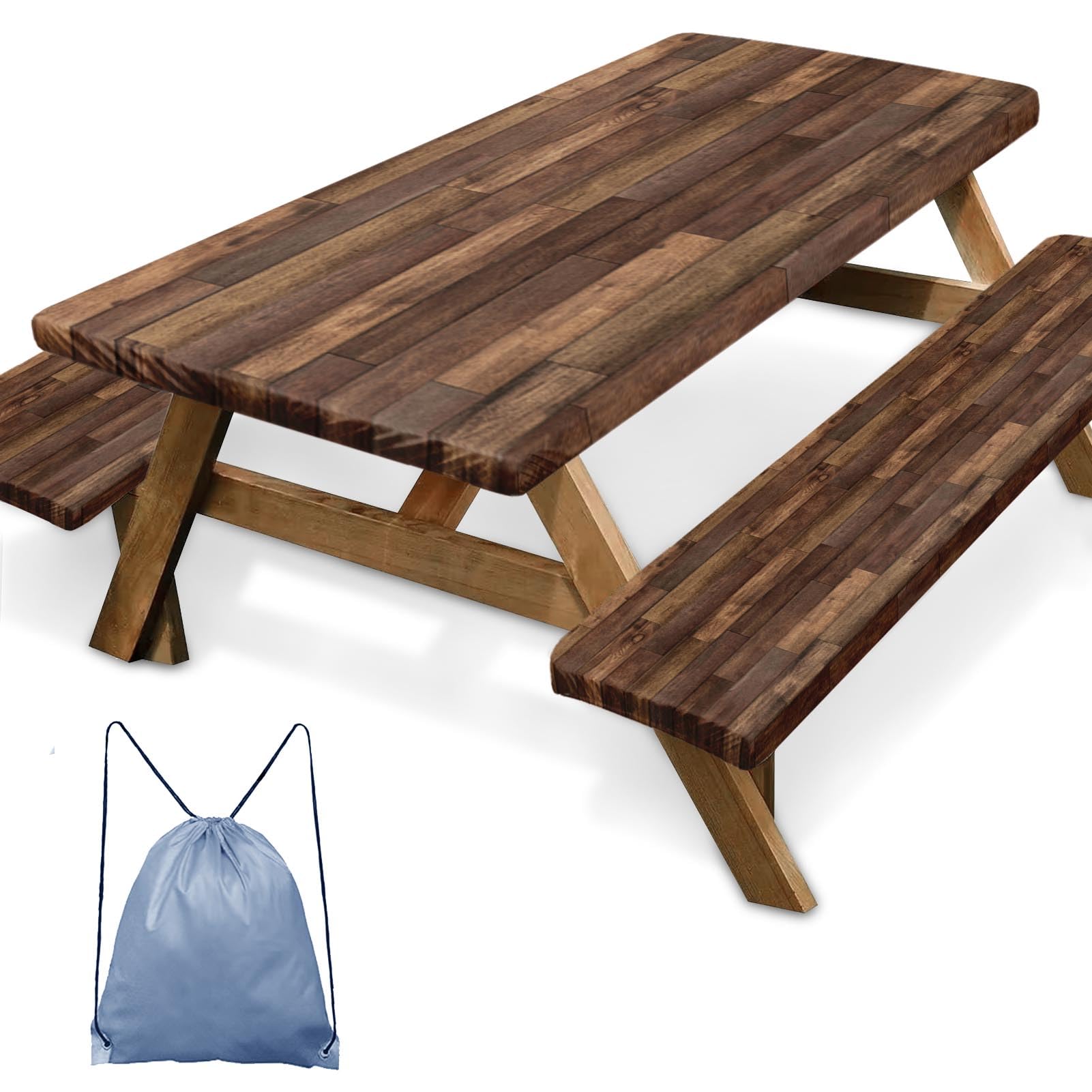 Britown Picnic Table Cover with Bench Covers Elastic Edges, Brown Wood Fitted Table Cover, Outdoor Patio Camping Essentials 96 I