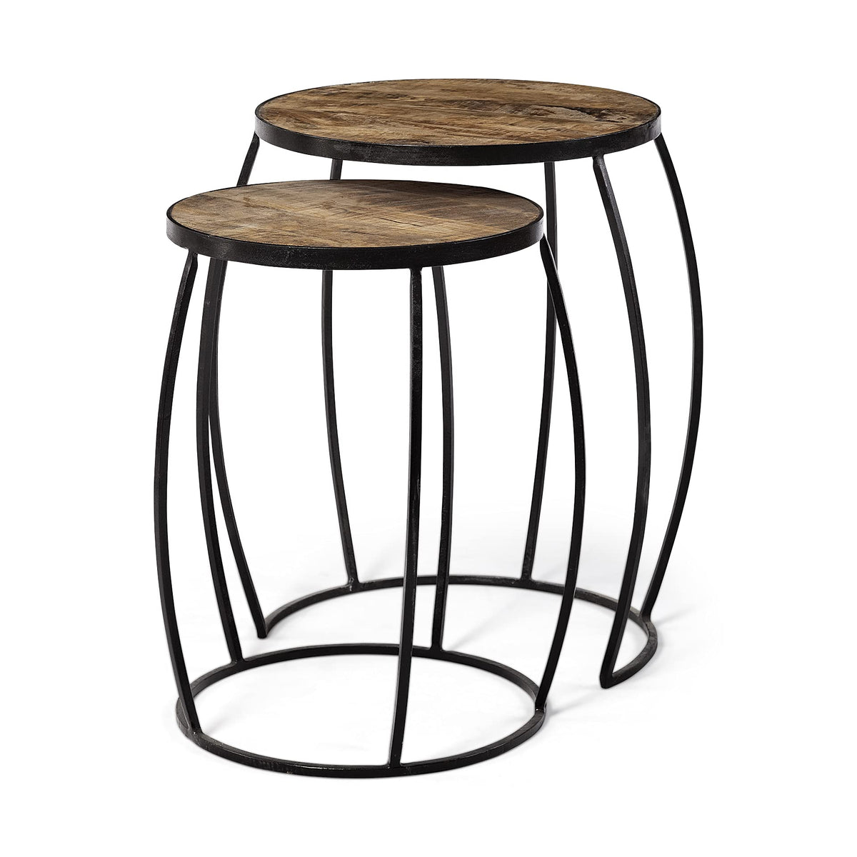 HomeRoots Set of 2 Medium Brown Wooden Round Top Accent Tables with Black Metal Frame Nesting Tables