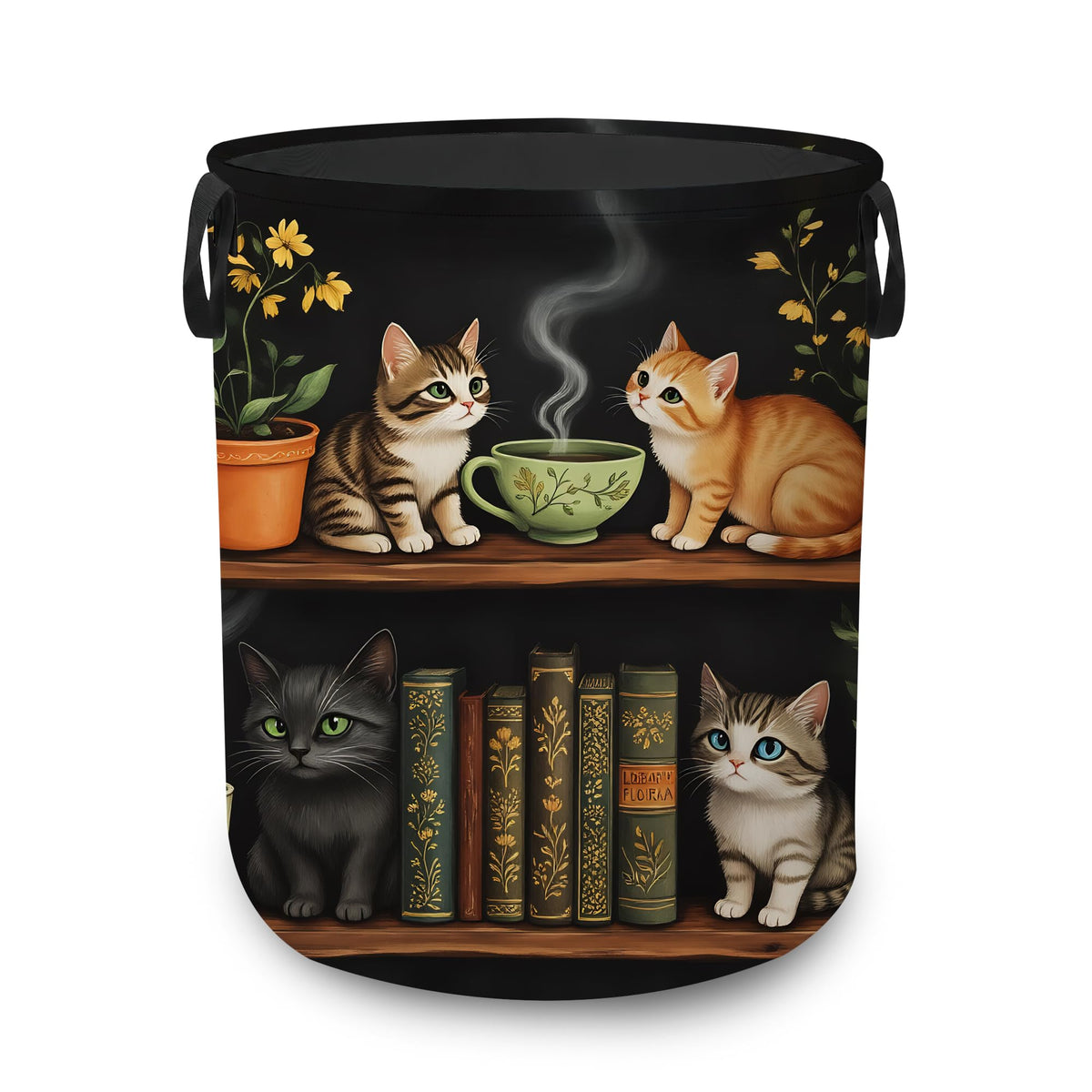 Laundry Basket,Cat Bookshelf Foldable Clothes Hamper with Handles,Library Floral Plants Waterproof Oxford Cloth Storage Organize