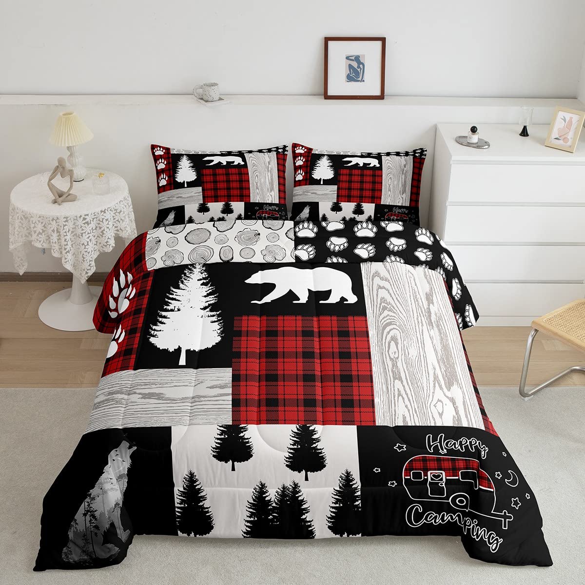 Woodland Animal Bedding Set,Buffalo Plaid Red And Black Comforter Set Twin,Bear Wolf Wildlife Rustic Cabin Bedding Comforter Set