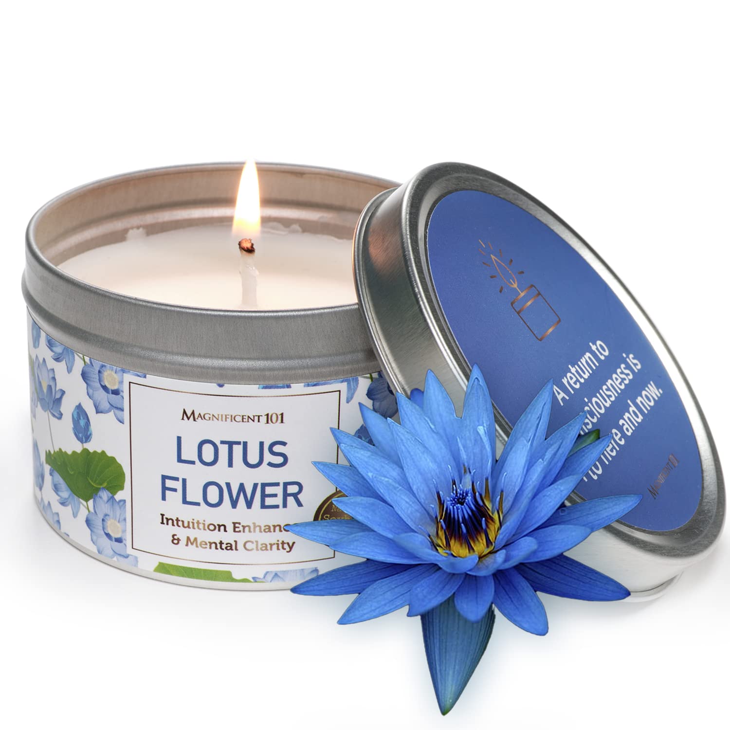 Magnificent 101 Long Lasting Blue Lotus Flower Scented Candle | 6 Oz - 35 Hour Burn | Paraffin Free, 100% Soy Wax Smudge Candle 