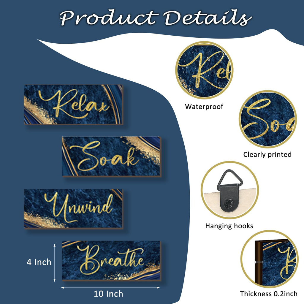 Onizhity 4 Pcs Blue And Gold Bathroom Decor Navy Blue Gold Wall Decor Relax Soak Unwind Breathe Wooden Rustic Marble Style Versa
