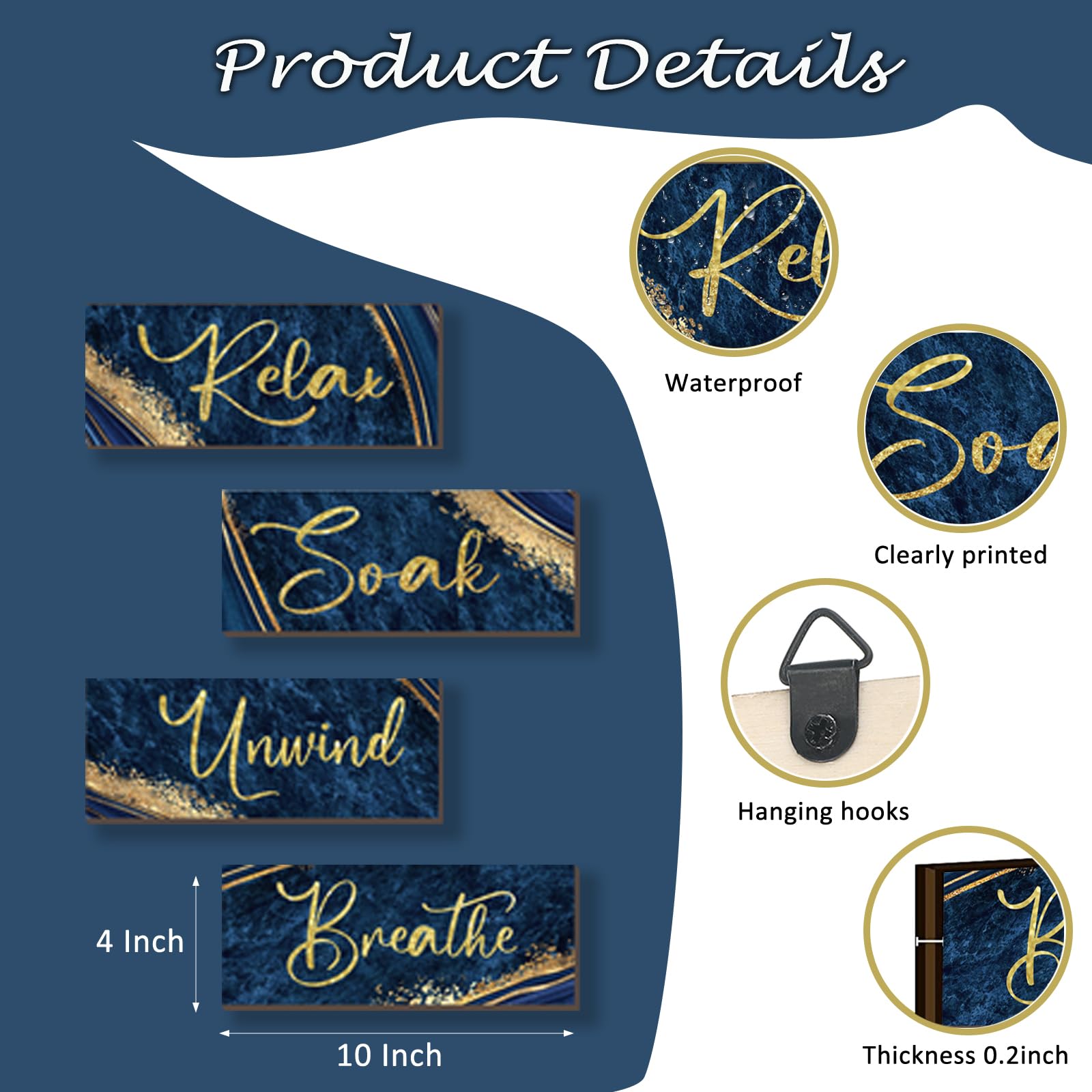 Onizhity 4 Pcs Blue And Gold Bathroom Decor Navy Blue Gold Wall Decor Relax Soak Unwind Breathe Wooden Rustic Marble Style Versa