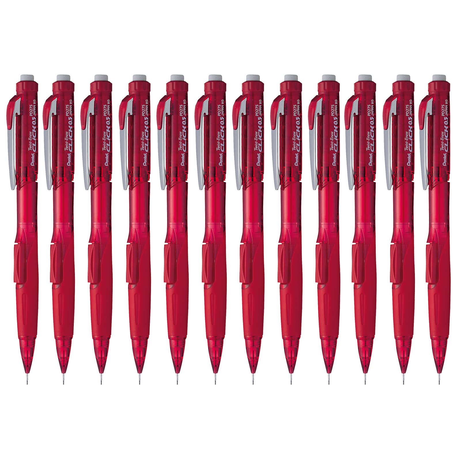 Pentel Twist-Erase Click Mechanical Pencil (0.5Mm) Transparent Red Barrel, Box Of 12 (Pd275Tb)