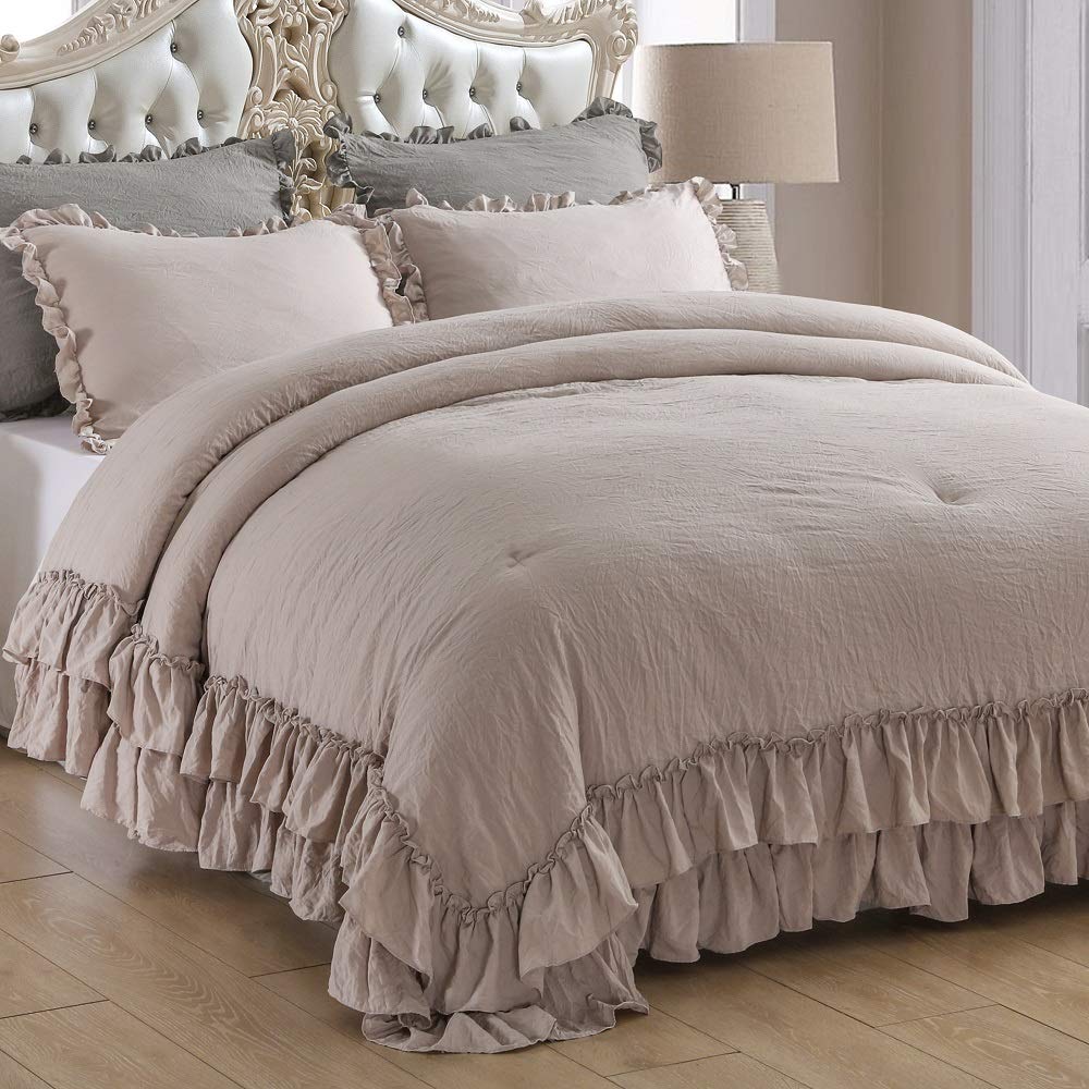 Qsh Ruffled Comforter Set Queen Size, 3Pcs Taupe Shabby Boho Chic Bedding Comforter Sets, Ultra Soft Farmhouse Lightweight Micro