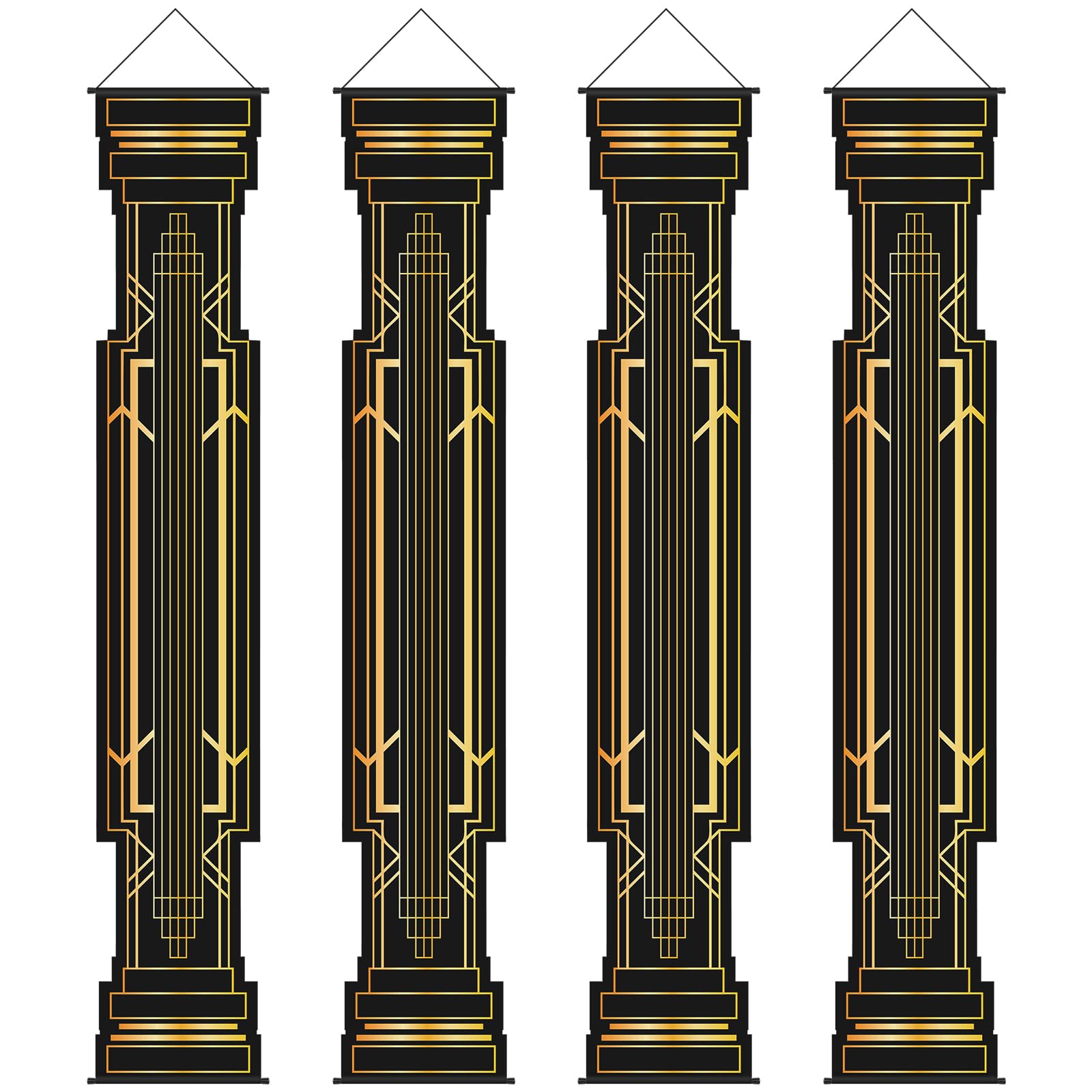 RoundFunny 4 Pcs Roaring 20s Party Decorations Black and Gold Column Door Porch Banner 1920s Hanging Banner Speakeasy Awards Wed