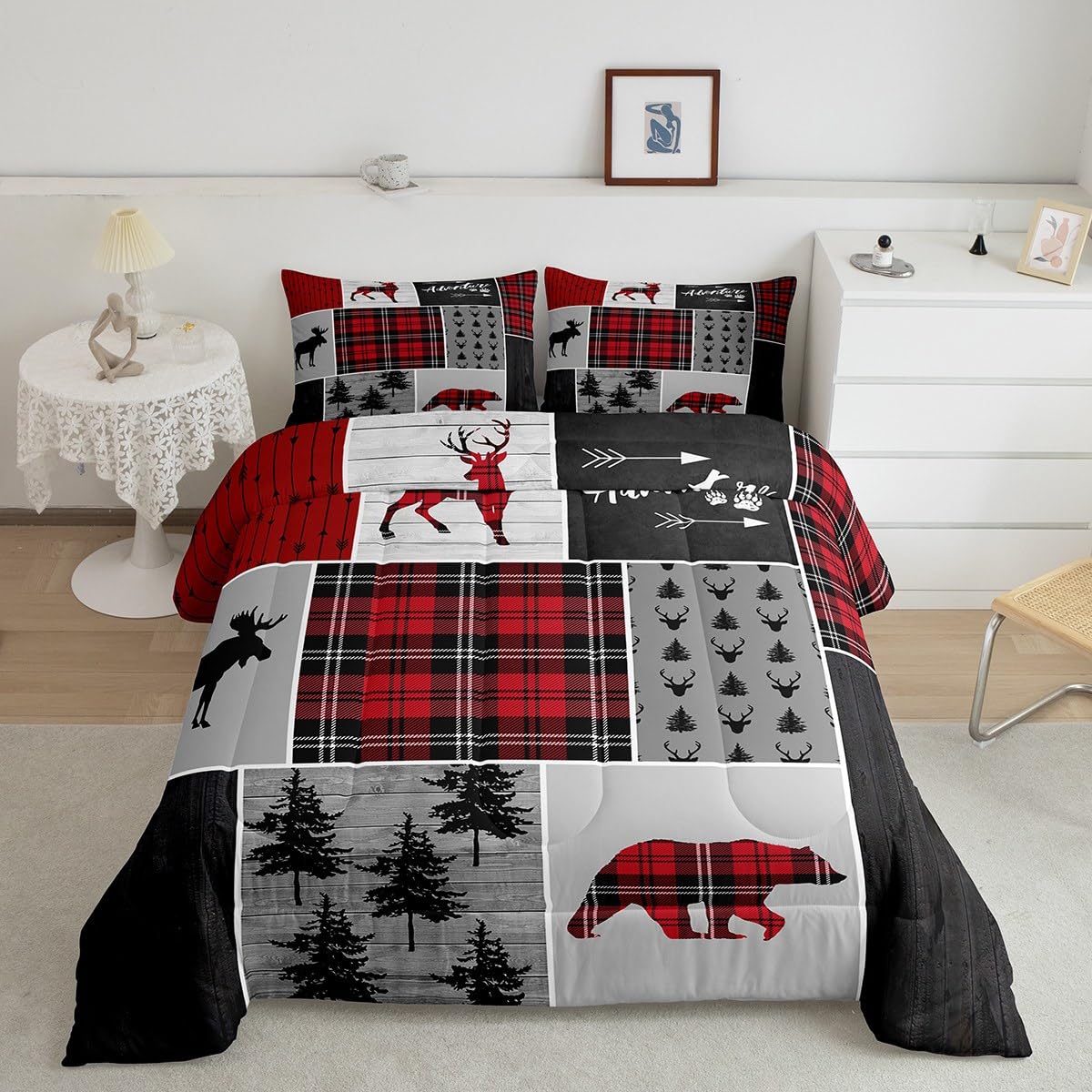 Deer Antlers Bear Kids Comforter Set Queen Size,Plaids Boho Arrows Patchwork Bedding Set For Boys Girls Adults Room Decor,Rustic
