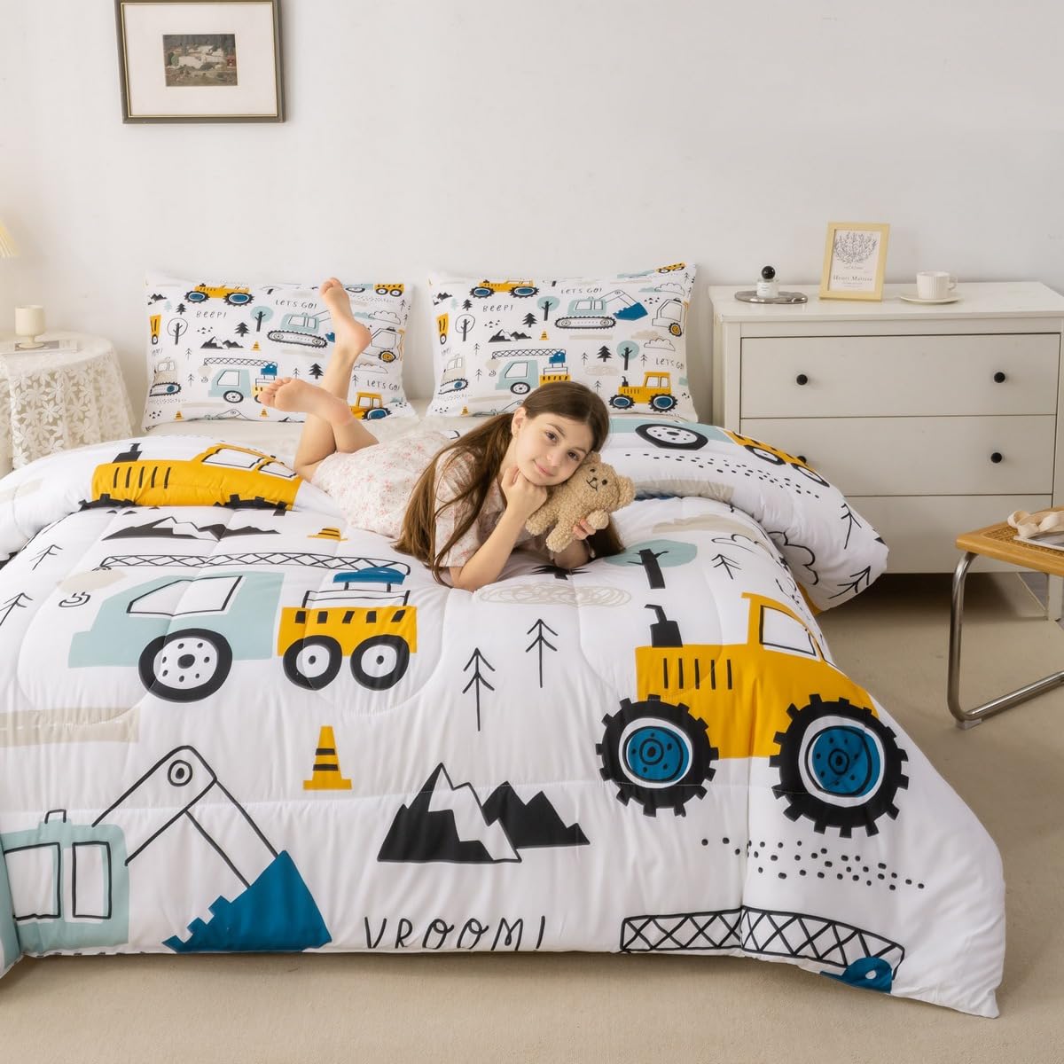 Cartoon Car Kids Comforter Set Construction Bedding Set Decor Equipment Trucks Comforter Cartoon Car Excavator Tractor White Yel