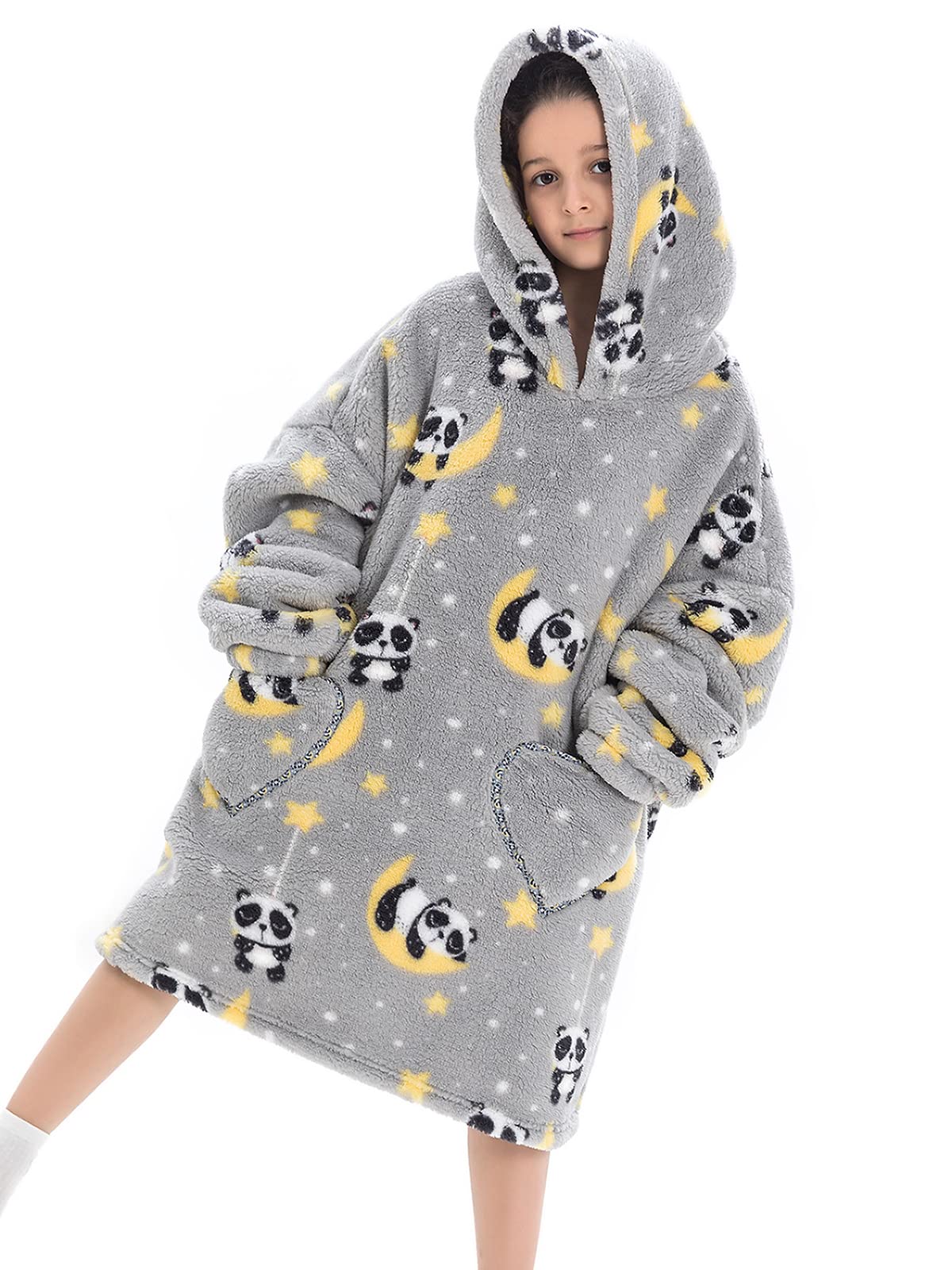 Wearable Blanket Hoodie For Kids Toddler Oversized Sweatshirt Cute Fleece Sherpa Blanket Girls Boys Grey Panda 6-10 Year