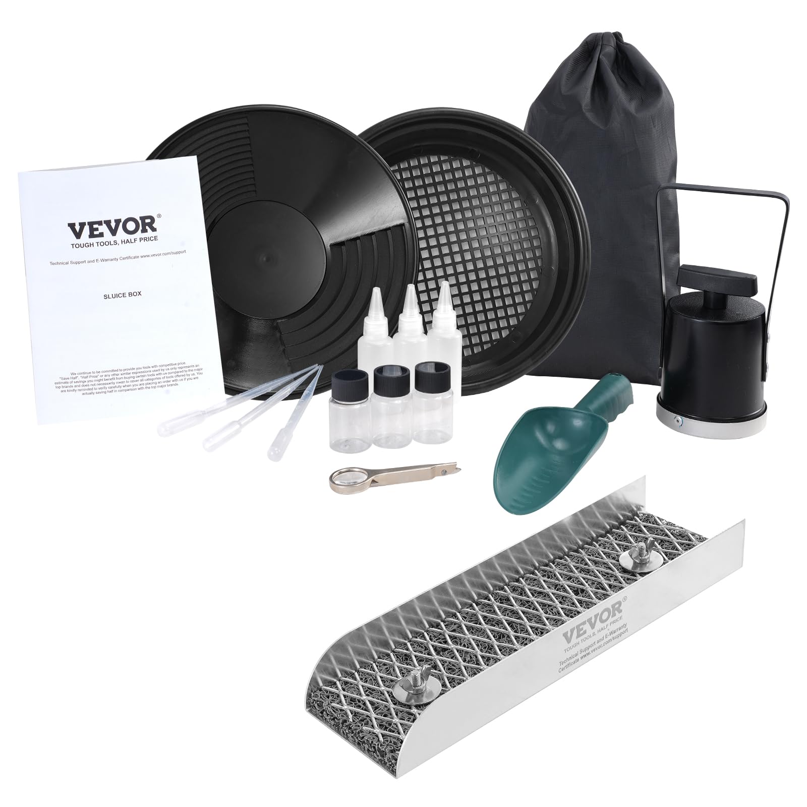 Vevor Mini Sluice Box Gold Panning Kit, 12' Aluminum Alloy Gold Mining Equipment, 16 Pcs Gold Prospecting Kit With Gold Pan, Cl