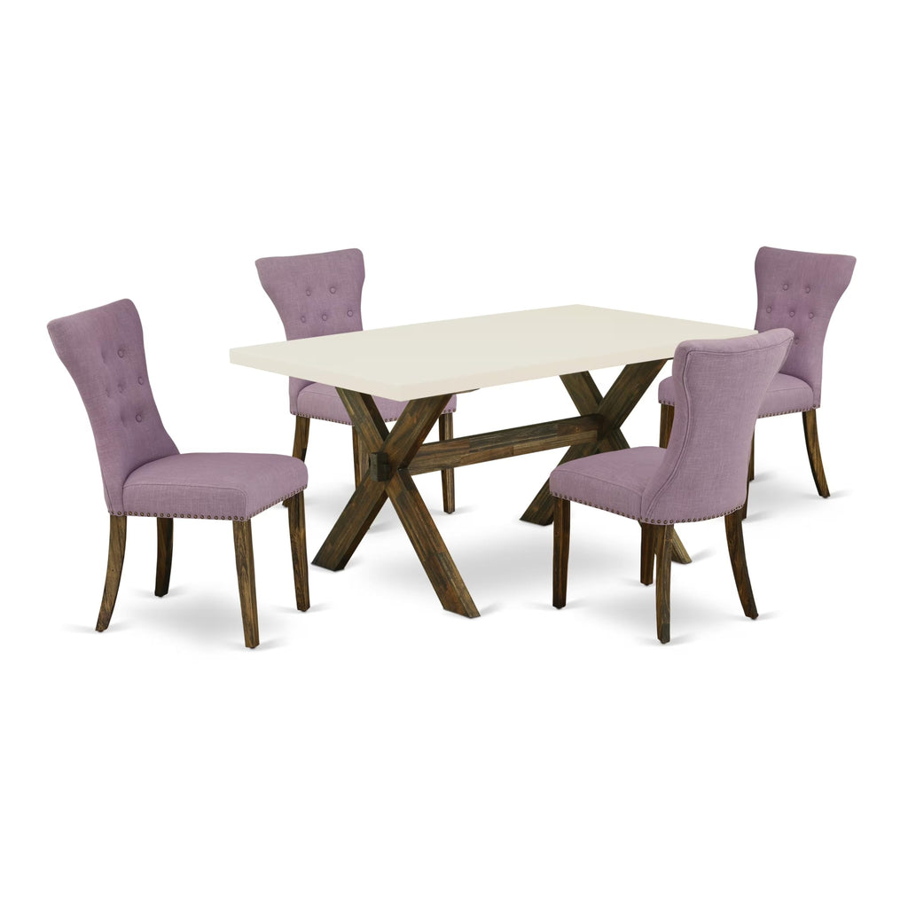 East West Furniture X726Ga740-5 5 Piece Dining Table Set For 4 Includes A Rectangle Kitchen Table With X-Legs And 4 Dahlia Linen Fabric Parson Dining Chairs, 36X60 Inch, Multi-Color