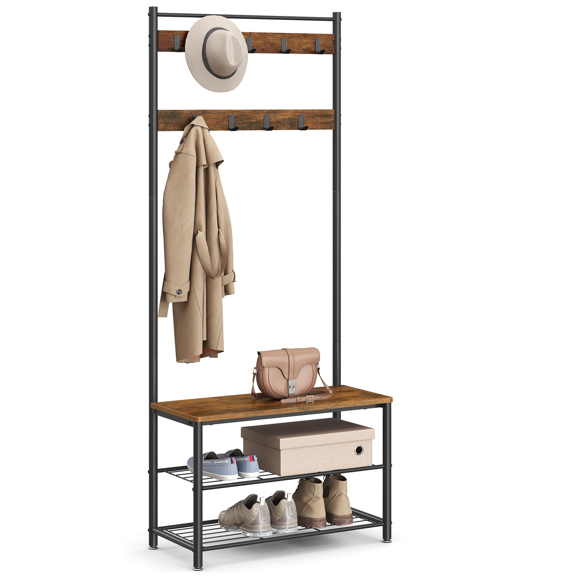 VASAGLE Coat Rack, Hall Tree with Shoe Storage Bench, Entryway Bench with Shoe Storage, 3-in-1, Steel Frame, for Entryway, 12.6 