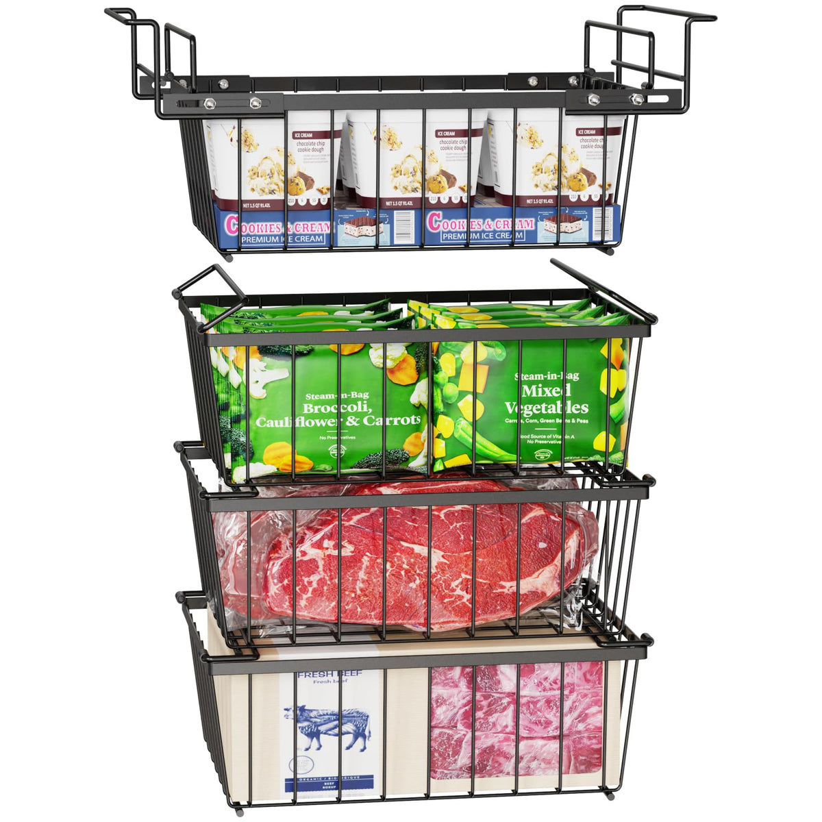 Ispecle Freezer Organizer Bins - 4 Pack Medium Stackable & Hanging Deep Freezer Organizer Bins For 5 Cu.Ft Chest Freezer Easily