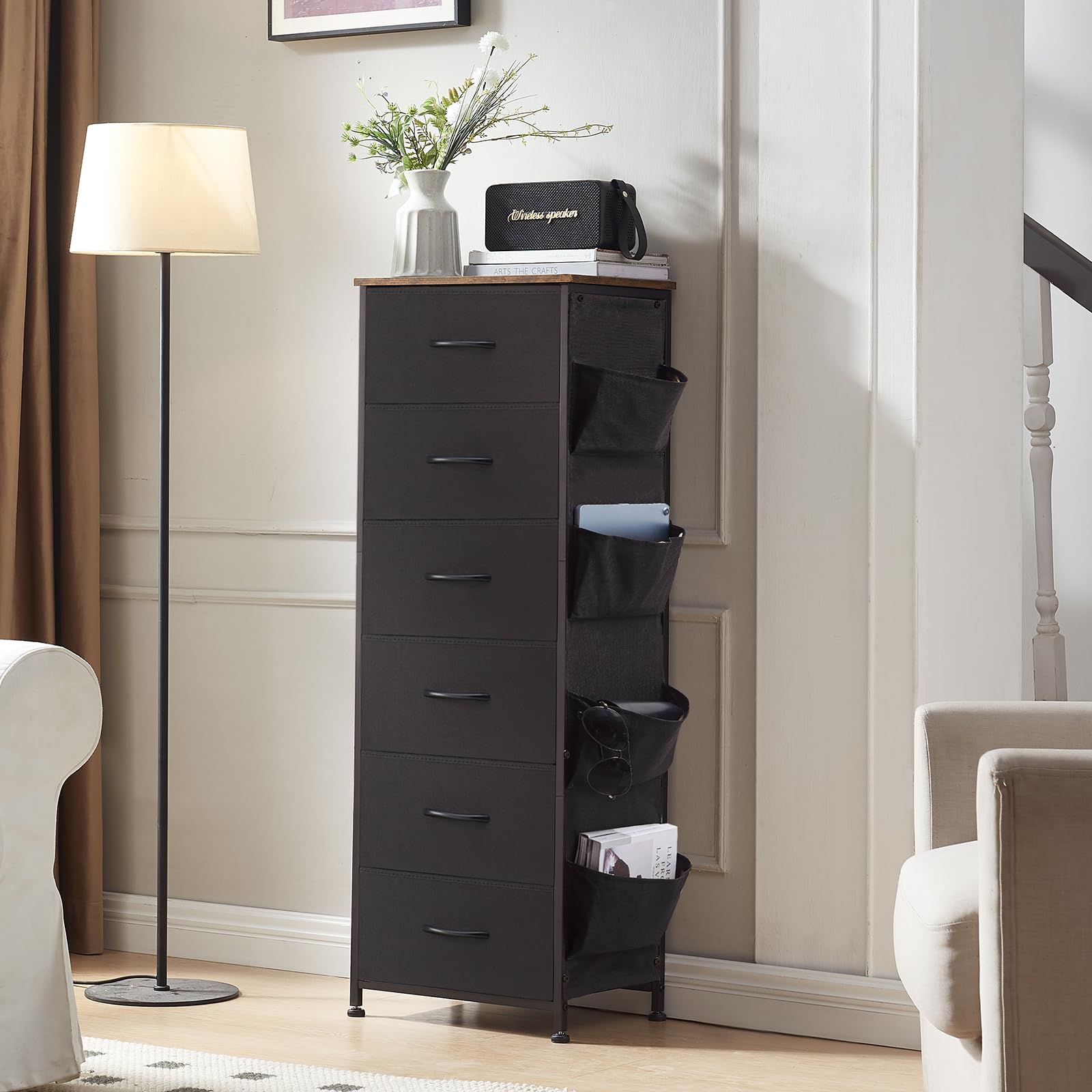 Somdot Tall Dresser For Bedroom With 6 Drawers And Side Pockets, Storage Organizer Chest Of Drawers With Fabric Bins For Closet Bedside Nursery Living Room Entryway Hallway, Black Rustic Brown
