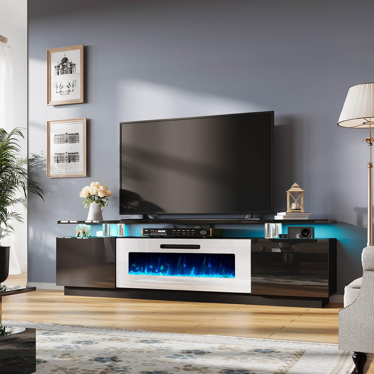 Amerlife Fireplace Tv Stand With 40' Fireplace, 80' Modern High Gloss Fireplace Entertainment Center Led Lights, 2 Tier Tv Console Cabinet For Tvs Up To 90', Black & White