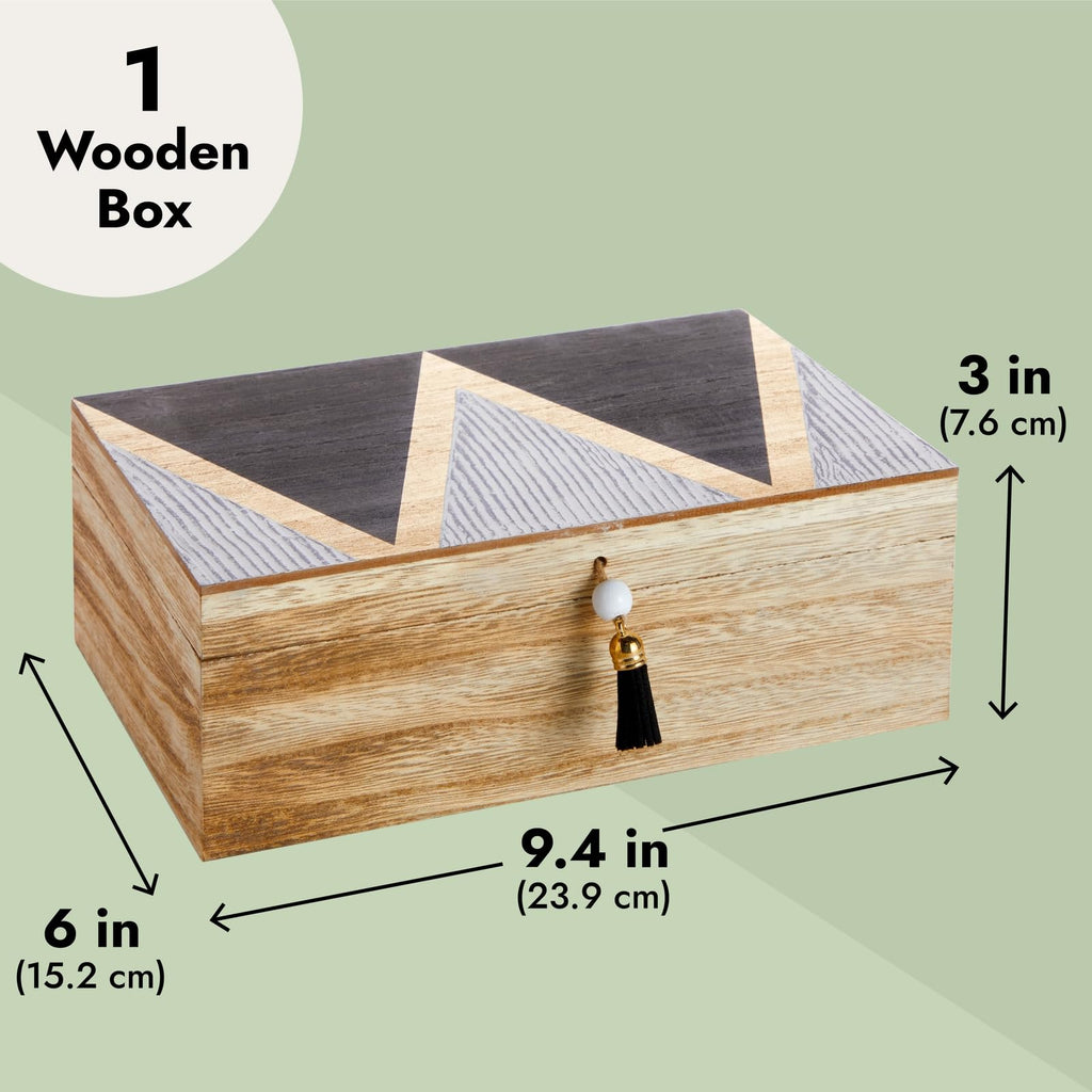 Juvale Small Wooden Decorative Box With Hinged Lid And Tassel For Jewelry, Trinket Storage (9.4 X 6 X 3 In)