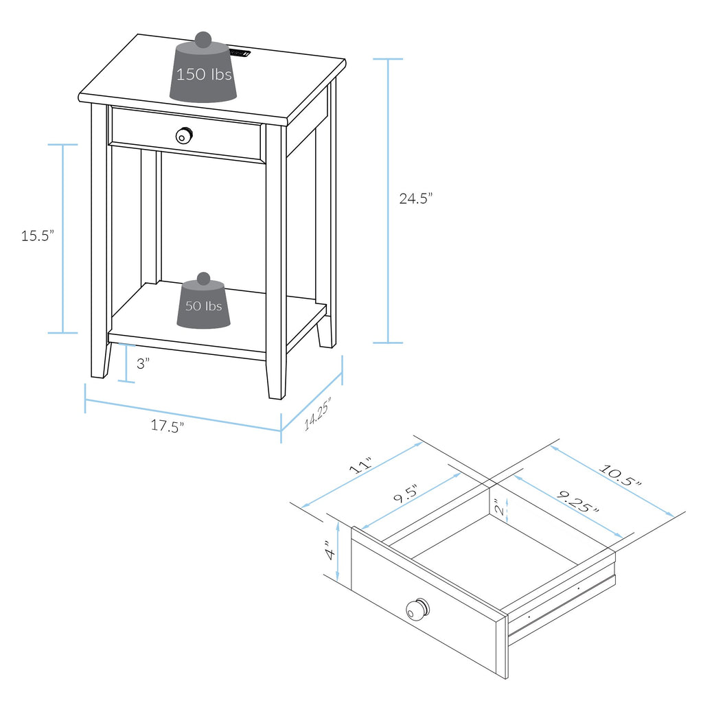 Casual Home Night Owl Nightstand With Usb Ports-Warm Brown