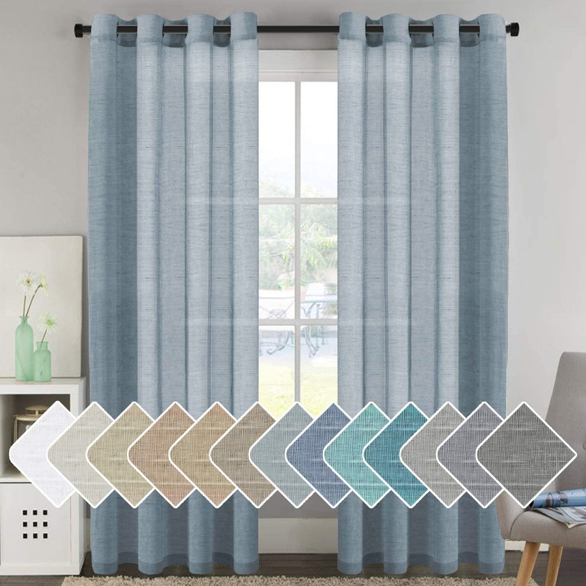H.Versailtex Linen Curtains Flax Linen Blended Curtain Panels For Living Room/Bedroom Semi Sheer Privacy Curtains 96 Inch Length