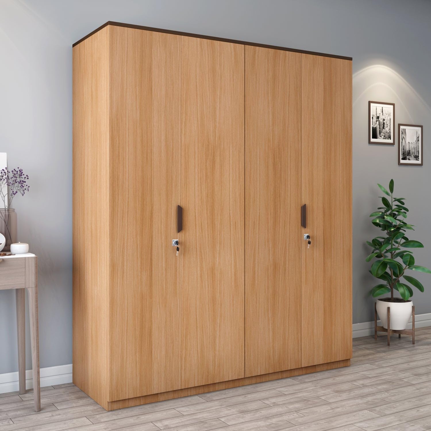 Nilkamal Milford Neo 4 Door Wooden Wardrobe Without Mirror For Bedroom | Almirah With 2 Hanging Rods, 2 Lockable Drawers & 6 She