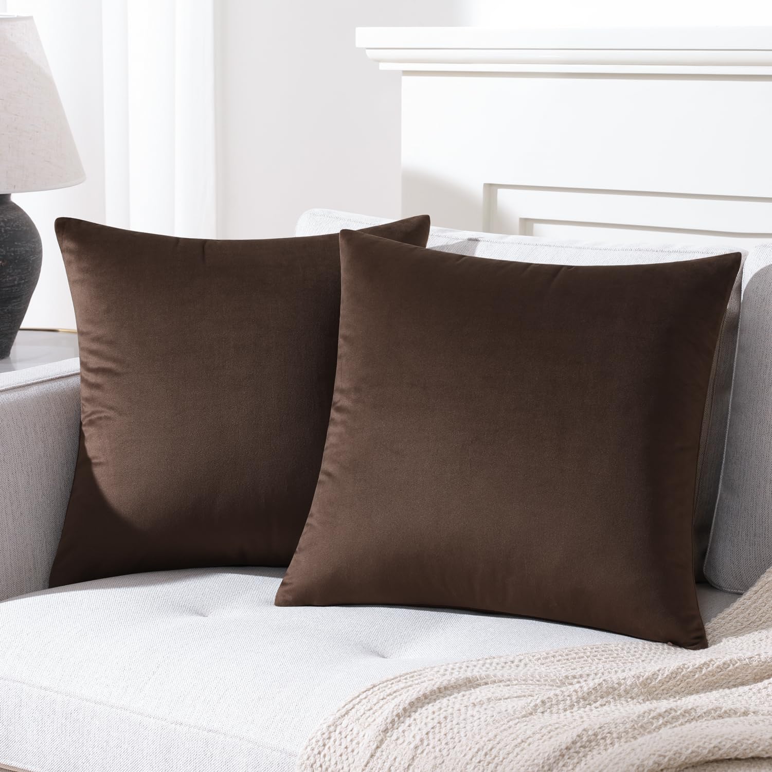 Mixhug Decorative Throw Pillow Covers, Velvet Cushion Covers, Solid Throw Pillow Cases For Couch And Bed Pillows, Coffee Brown,