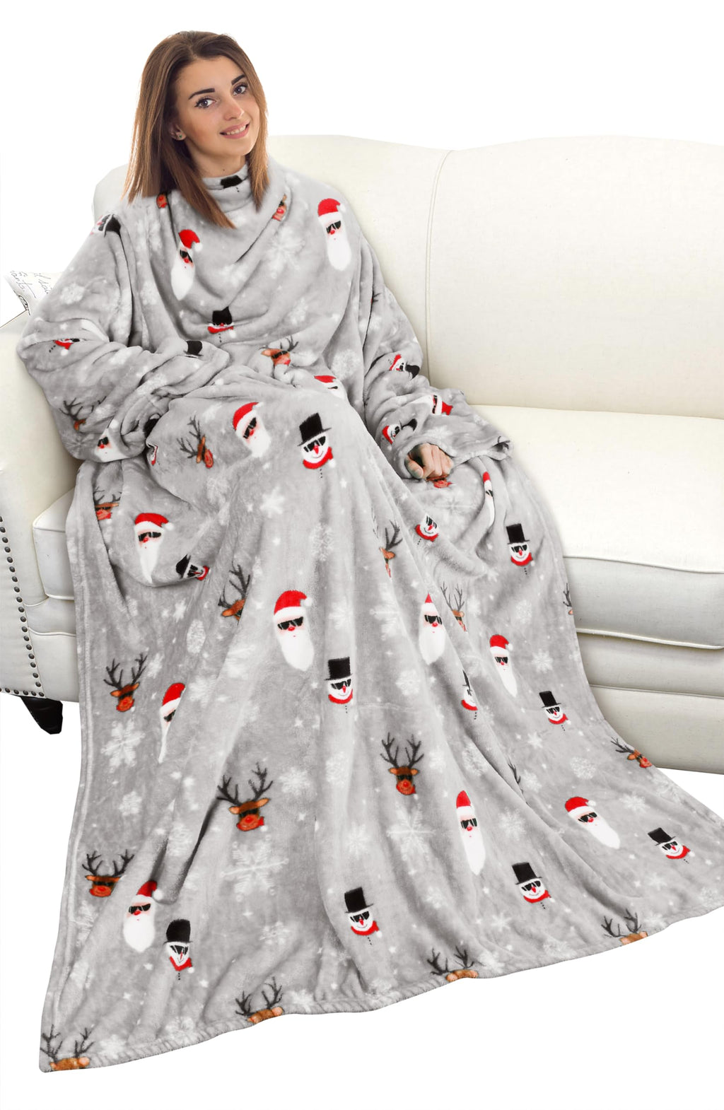 Catalonia Wearable Blanket With Sleeves And Pocket, Cozy Soft Fleece Mink Micro Plush Wrap Throws Blanket Robe For Women And Men, Ugly Christmas