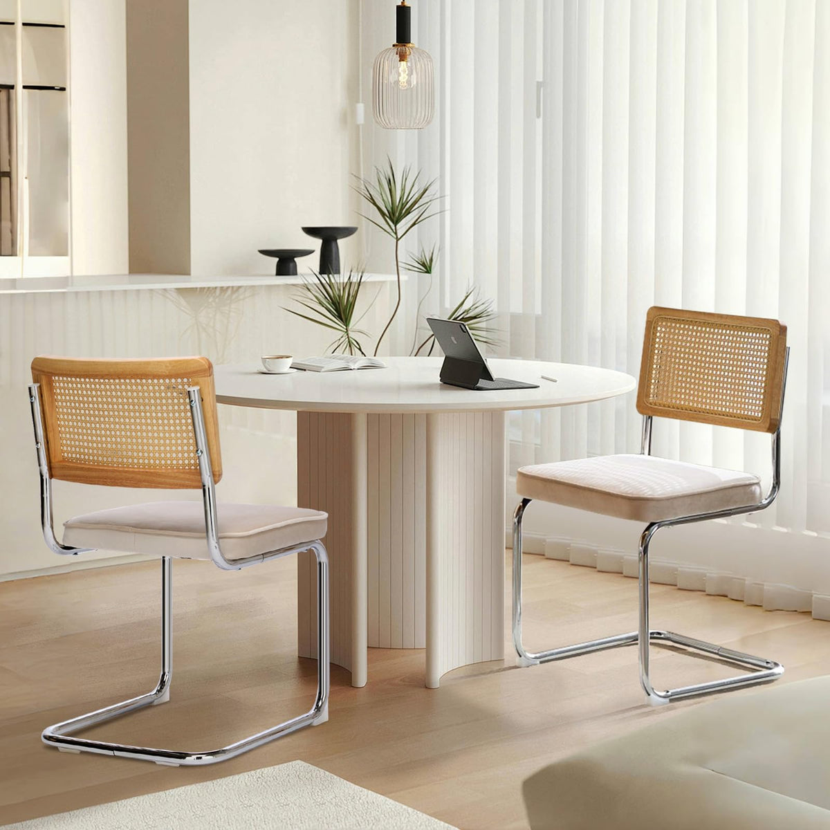 Soarmote Rattan Dining Chairs Set Of 2,Upholstered Mid-Century Modern Dining Room Chairs With Cane Backrest,Retro Velvet Kitchen