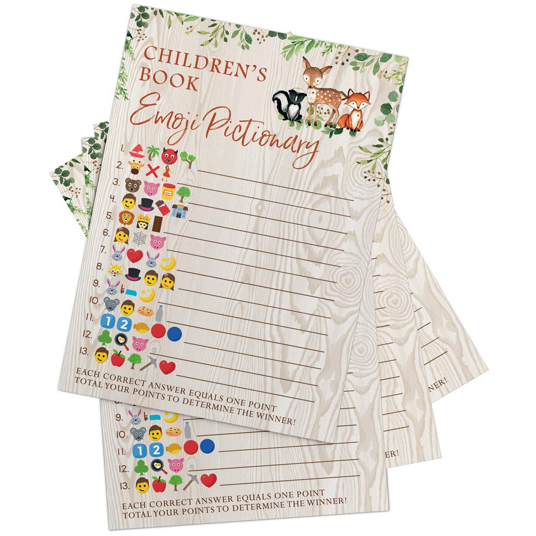 Printed Party Woodland Baby Shower Game - Children'S Book Emoji Pictionary, Set Of 50