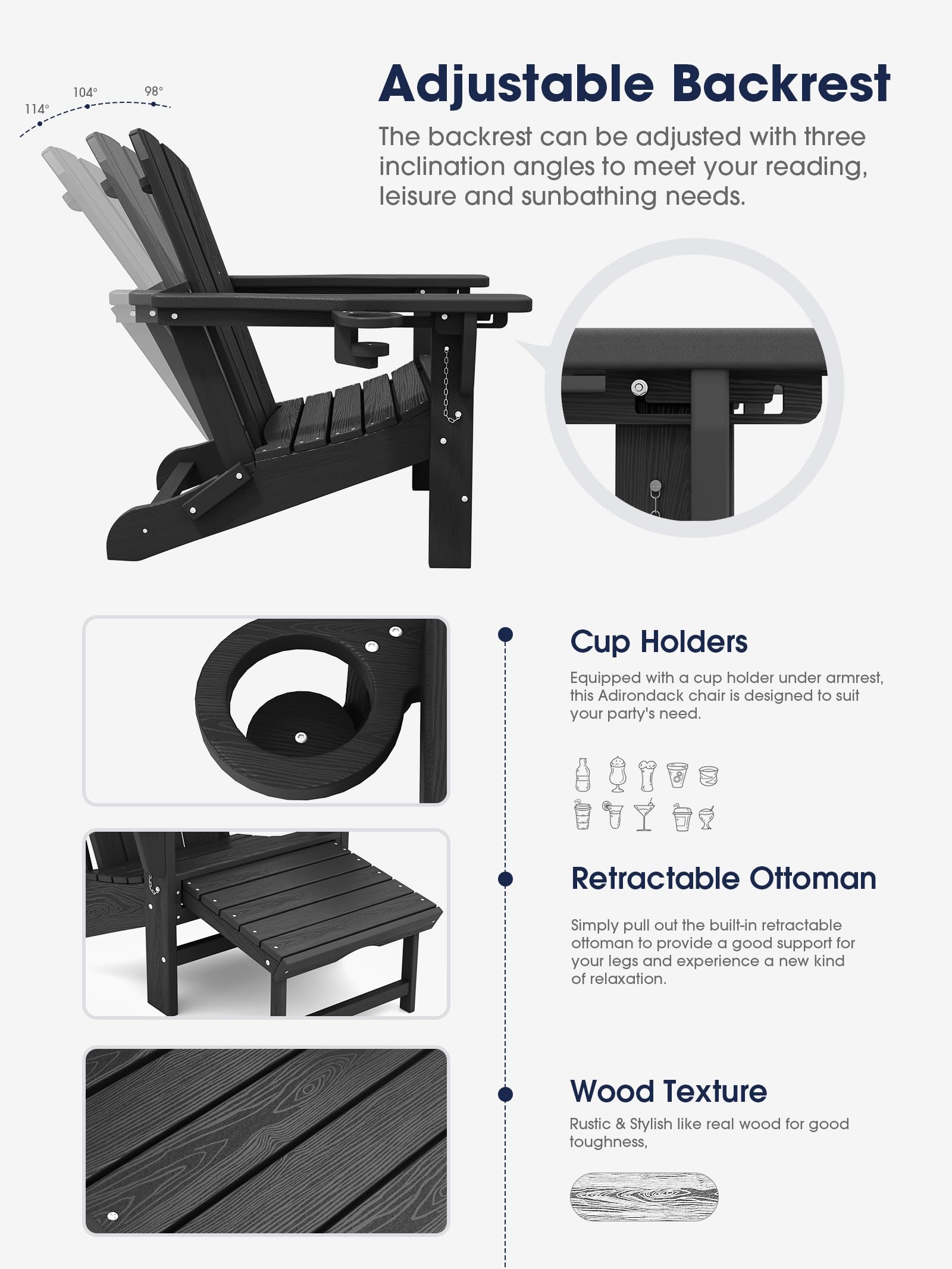 Kingyes Folding Adjustable Adirondack Chair With Retractable Ottoman Set Of 6, Hdpe All Weather Chair With Cup Holder - Versatile Adirondack Chair, Black