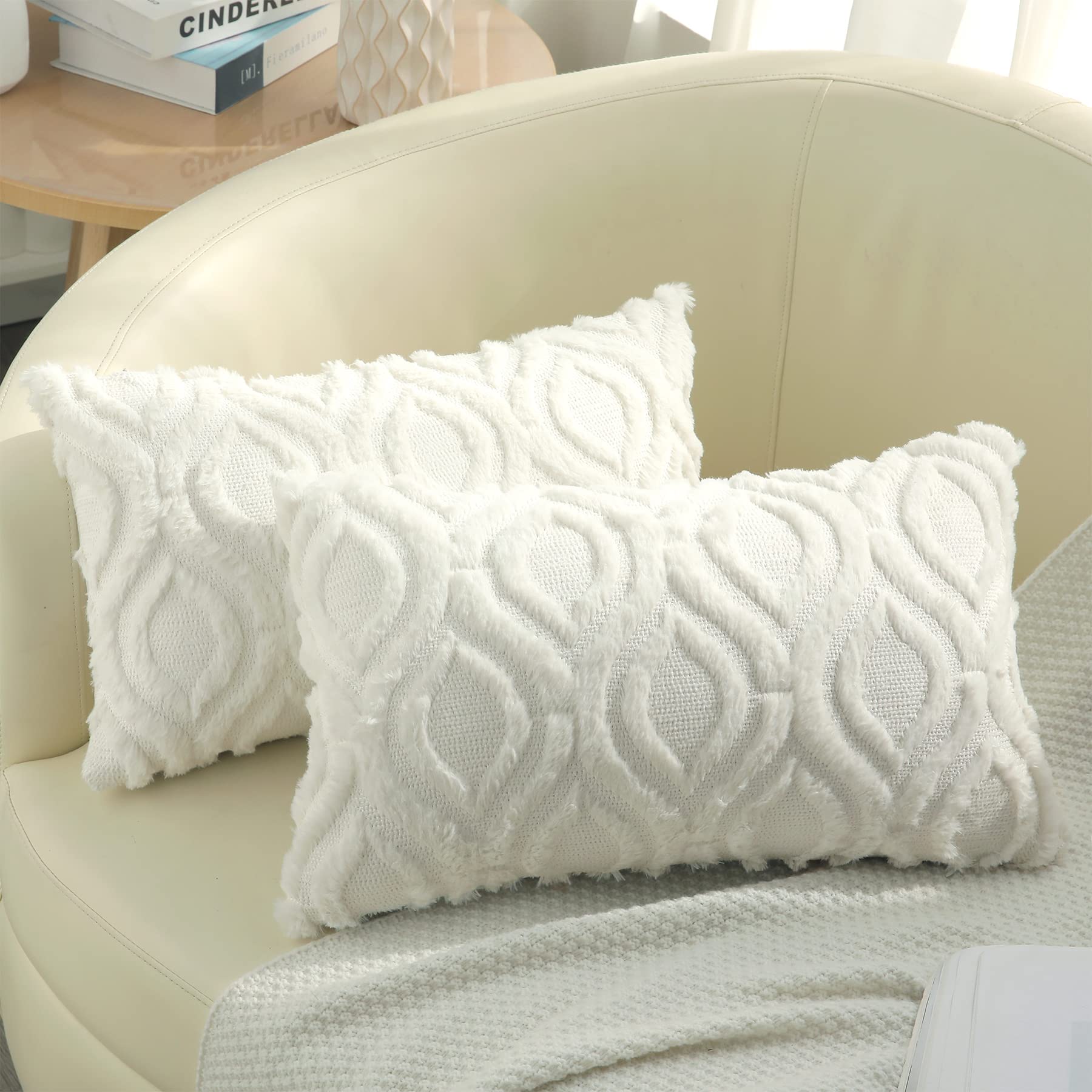 Decoruhome Decorative Throw Pillow Covers 12X20, Soft Plush Faux Wool Lumbar Couch Pillow Covers Set Of 2, Cream Beige
