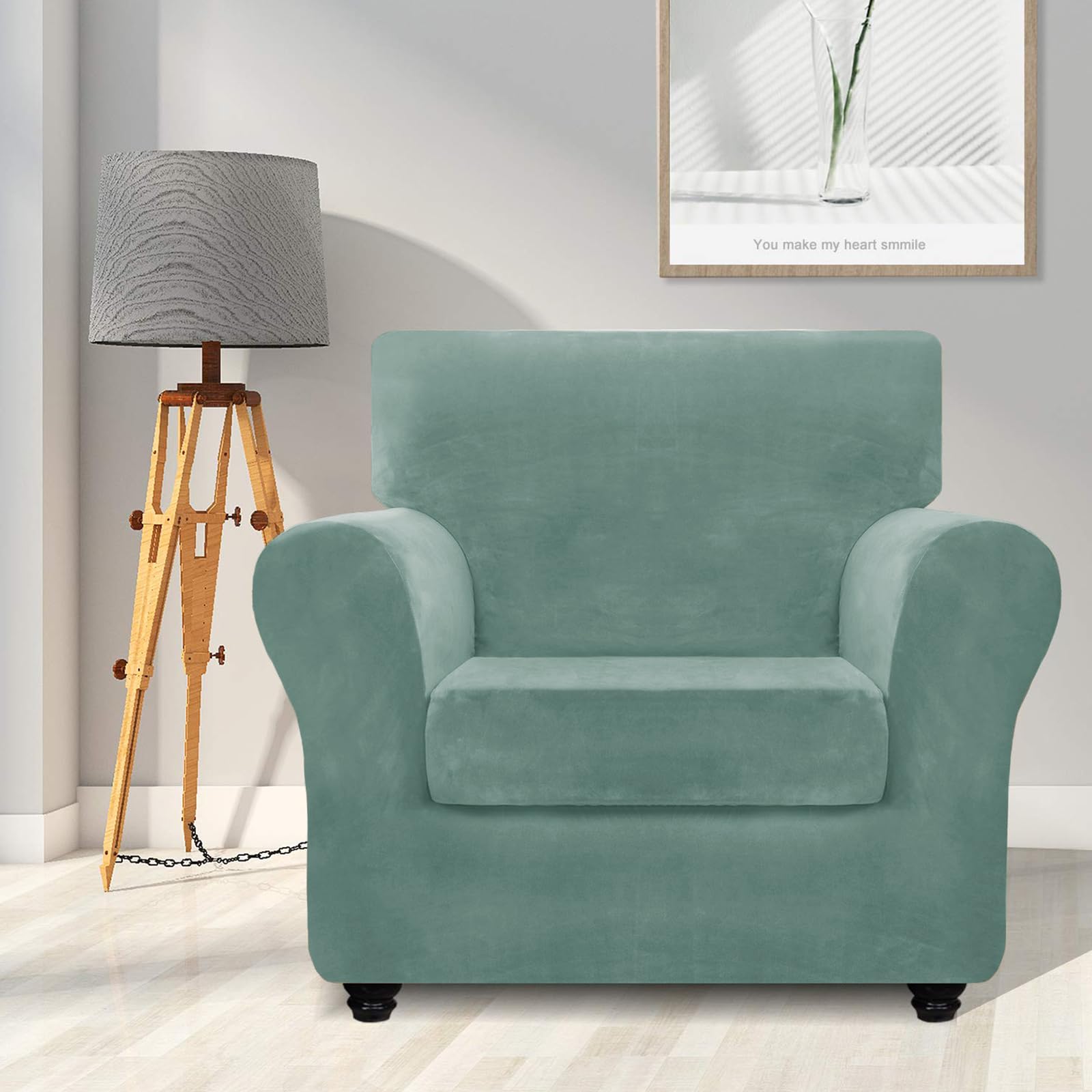 Znsayotx Luxury Velvet Chair Slipcovers With Arm 2 Piece Stretch Chair Covers For Living Room Thick Soft Armchair Slipcover Anti Slip Pet Friendly Furniture Protector (Pea Green),30'-47'(1 Cushion)