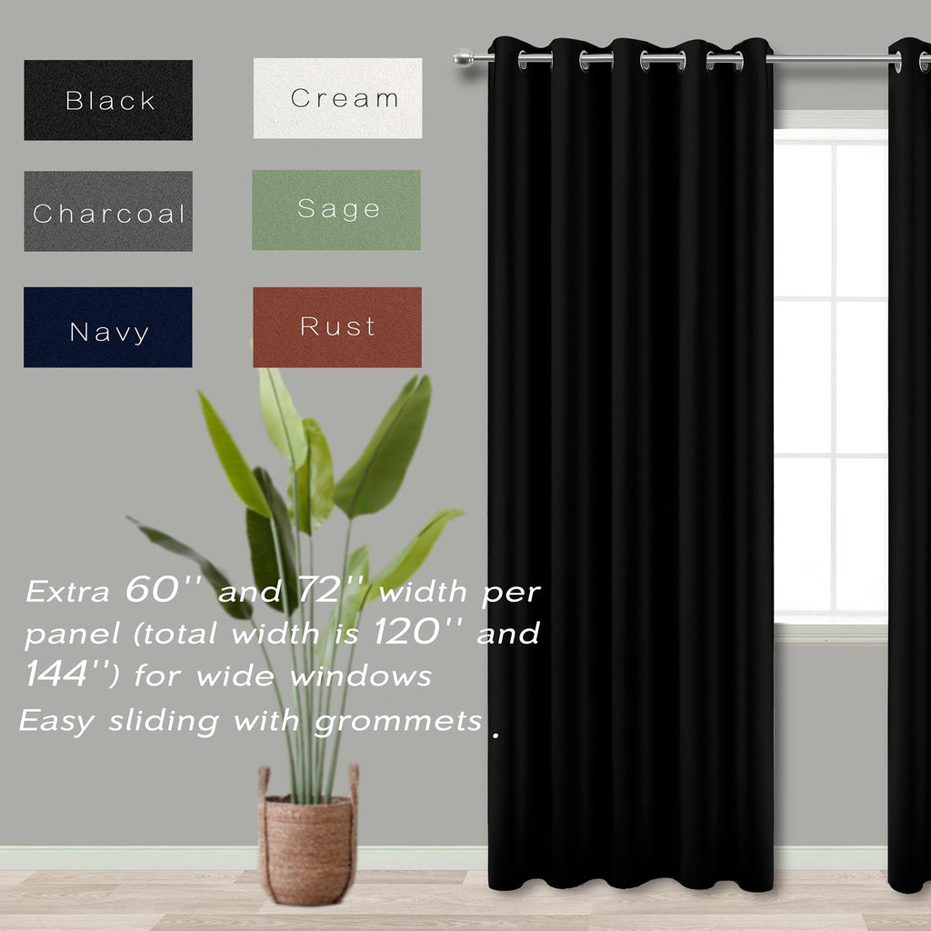 Koufall 60 Inch Wide Blackout Curtains For Bedroom,Light Blocking Large Window Curtain Panels Set Of 2,Total Width 120 X 84 Inch Long,Black