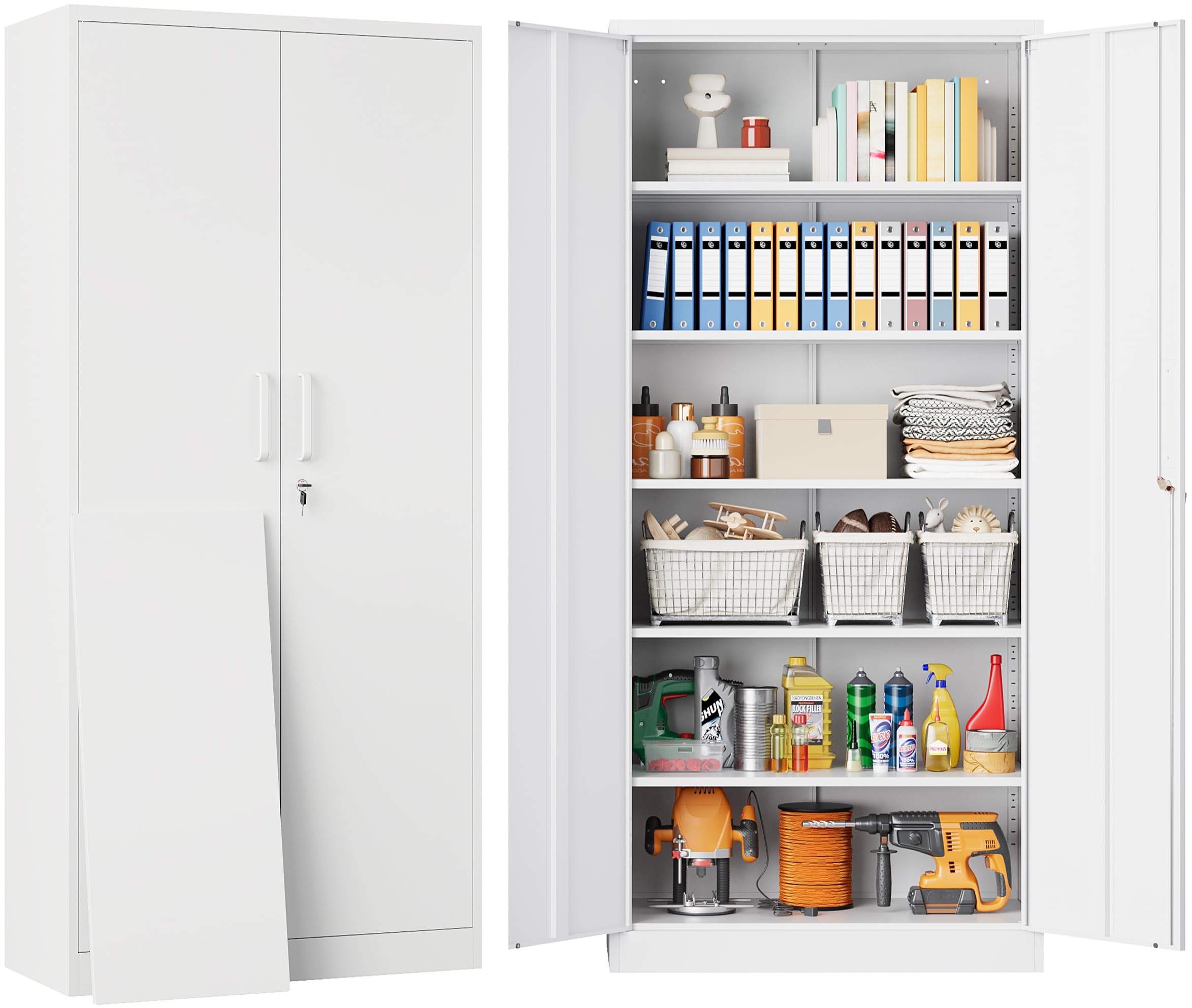 Sisesol White Metal Storage Storage Cabinet With 5 Adjustable Shelves,Metal Cabinet With Locking Doors,71' Lockable Cabinets With Lock,Steel Pantry Closet Locker For Home,Office,Garage,Kitchen,Shop