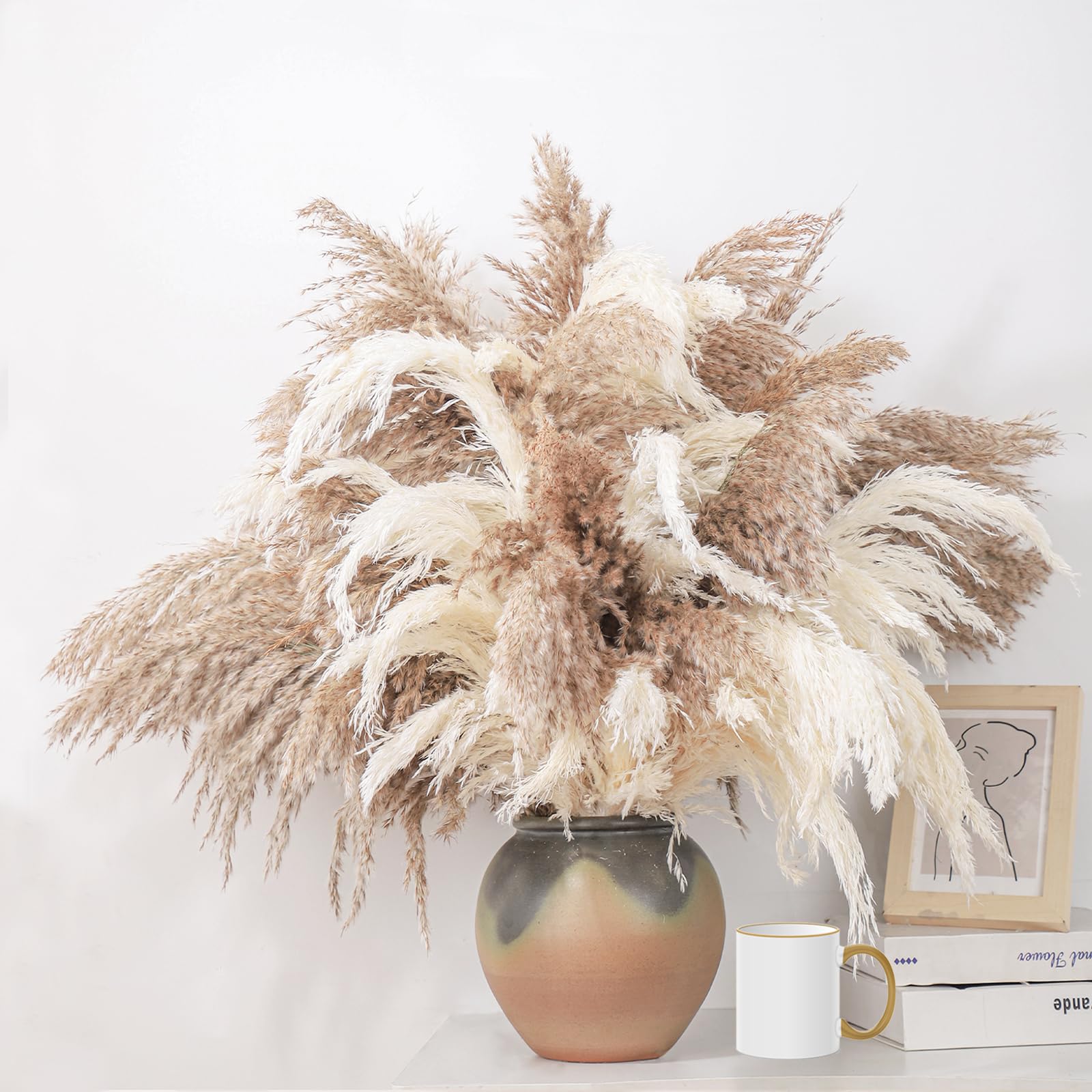 Roollya 28' Inch 20 Stems Large Pampas Grass Decor - Fluffy Brown & White Pampas Grass Decor Tall Pompas Grass For Floor Vase -