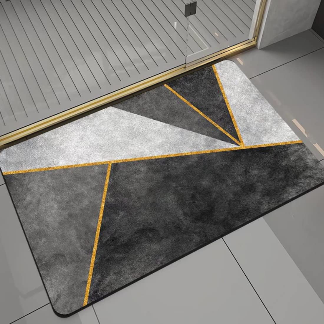Scribify Decorative Bathroom Mat, Non Slip, High Soaking, Thin Flat Bath Rug, Super Absorbent Quick Drying, Grey with Gold Geome