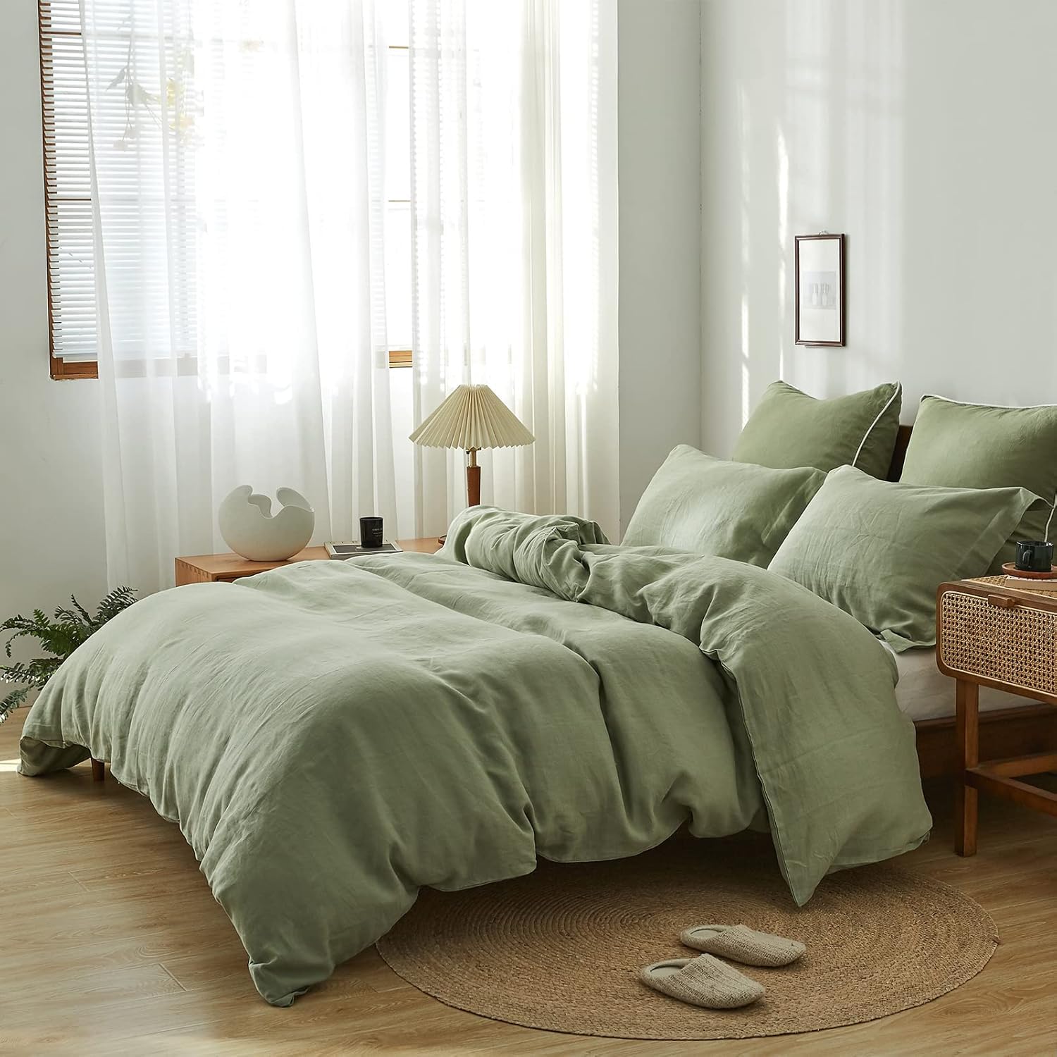 Simple&Opulence 100% Linen Duvet Cover Set 3Pcs Natural French Basic Style Washed Flax Solid Color Breathable Soft Farmhouse Bed
