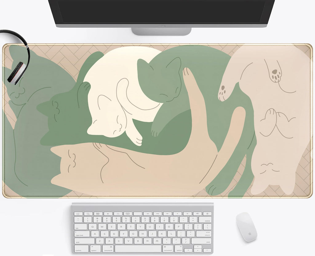 Cute Sleeping Cats Desk Mat Matcha Green Desk Pad, Minimalist Boho Mouse Pad Xxl, Cream Tan Gaming Deskmat, Large Kawaii Keyboar