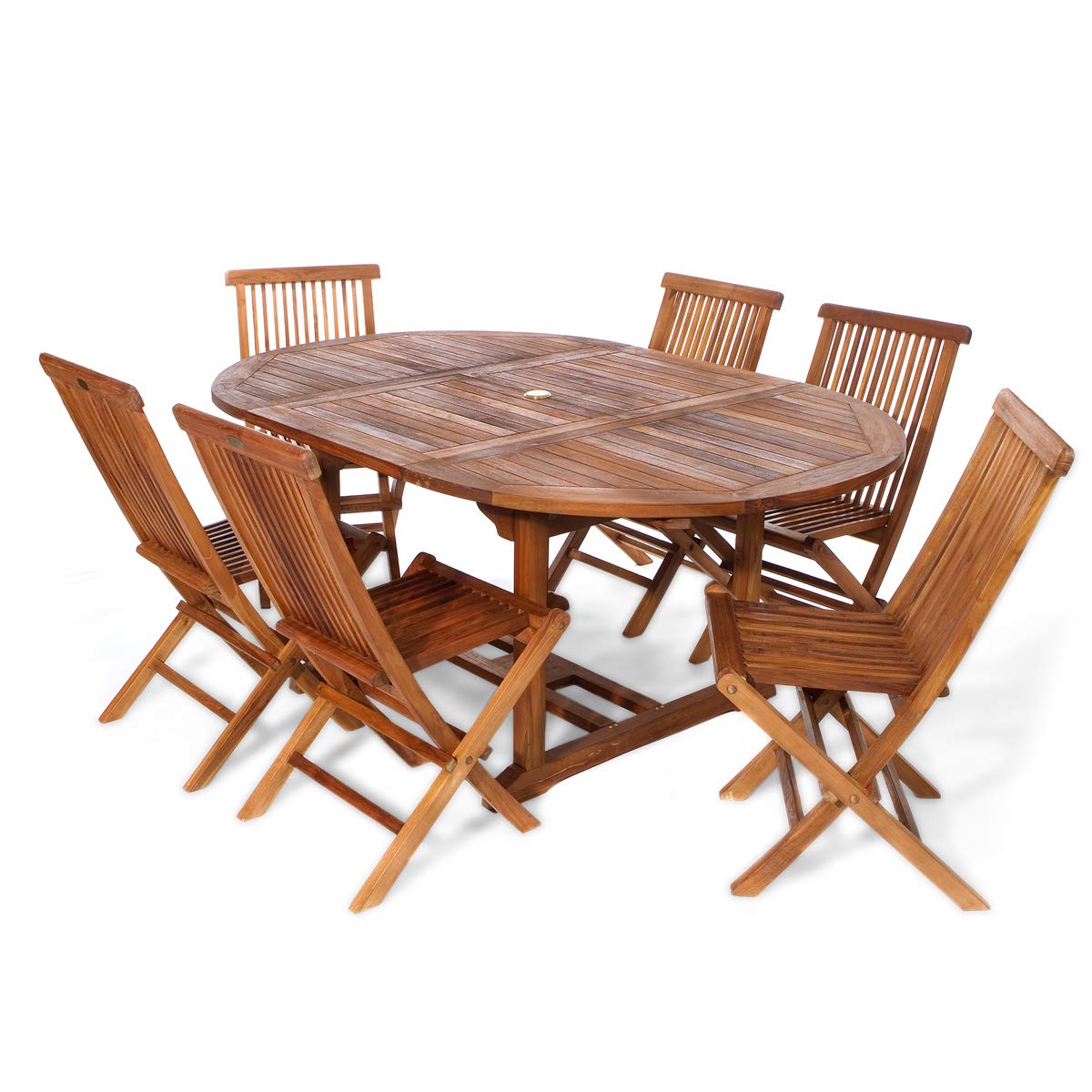 All Things Cedar TE70-22 7-Piece Teak Oval Extension Patio - Table & 6 Folding Chairs Dining Set for Outdoor & Indoor Events | Built in Hide-Away Butterfly Extension Leaf | No Cushions