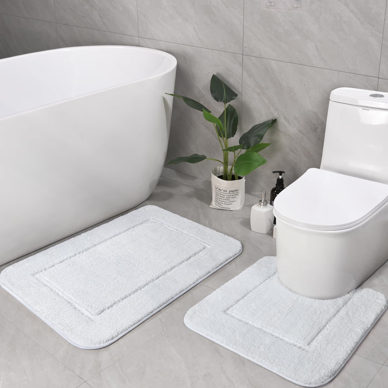 LOCHAS Bathroom Rug Set White, Soft Bath Rug Set 2 Piece Set, Toilet Mat U-Shaped 20x20 and 34x20 Bathroom Rugs, Quickly Dry Mat