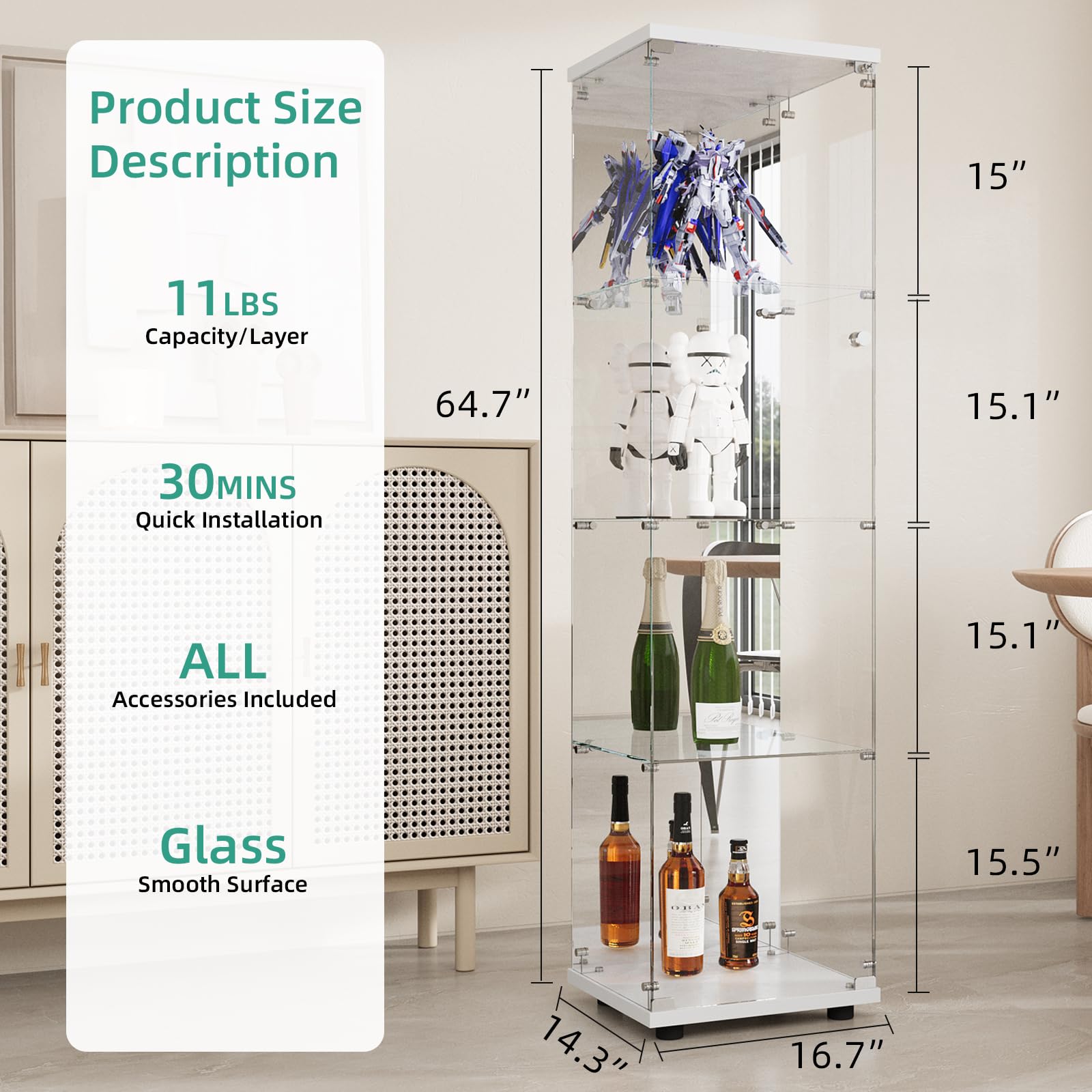 Beauty4U Glass Display Cabinet With Mirror Back Panel, 4 Shelves, Curio Cabinets For Living Room, Bedroom, Office, White Floor Standing Glass Bookshelf, Quick Installation