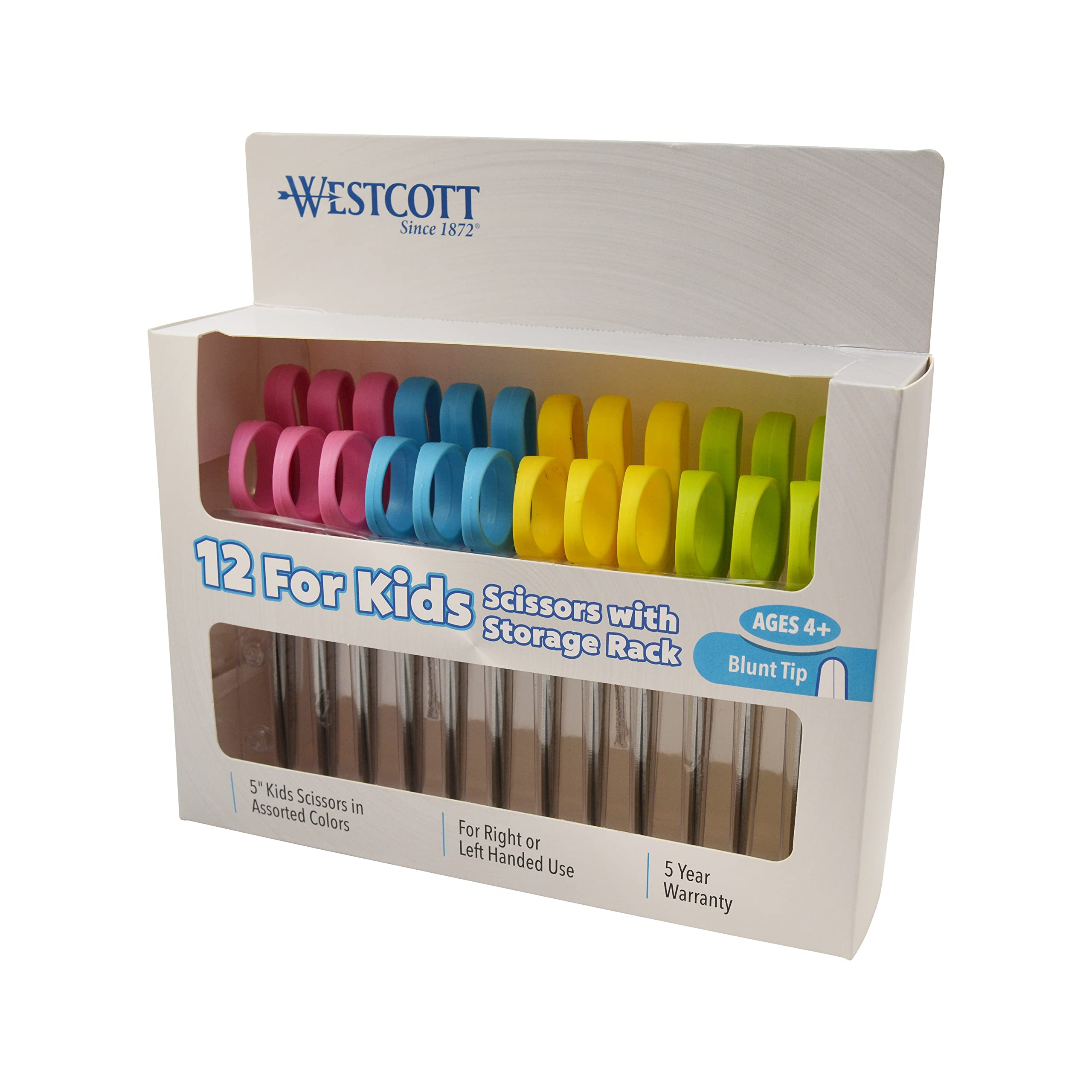 Westcott Kleencut Kids Blunt Scissors With Storage Rack, 5', Set Of 12, Assorted Colors