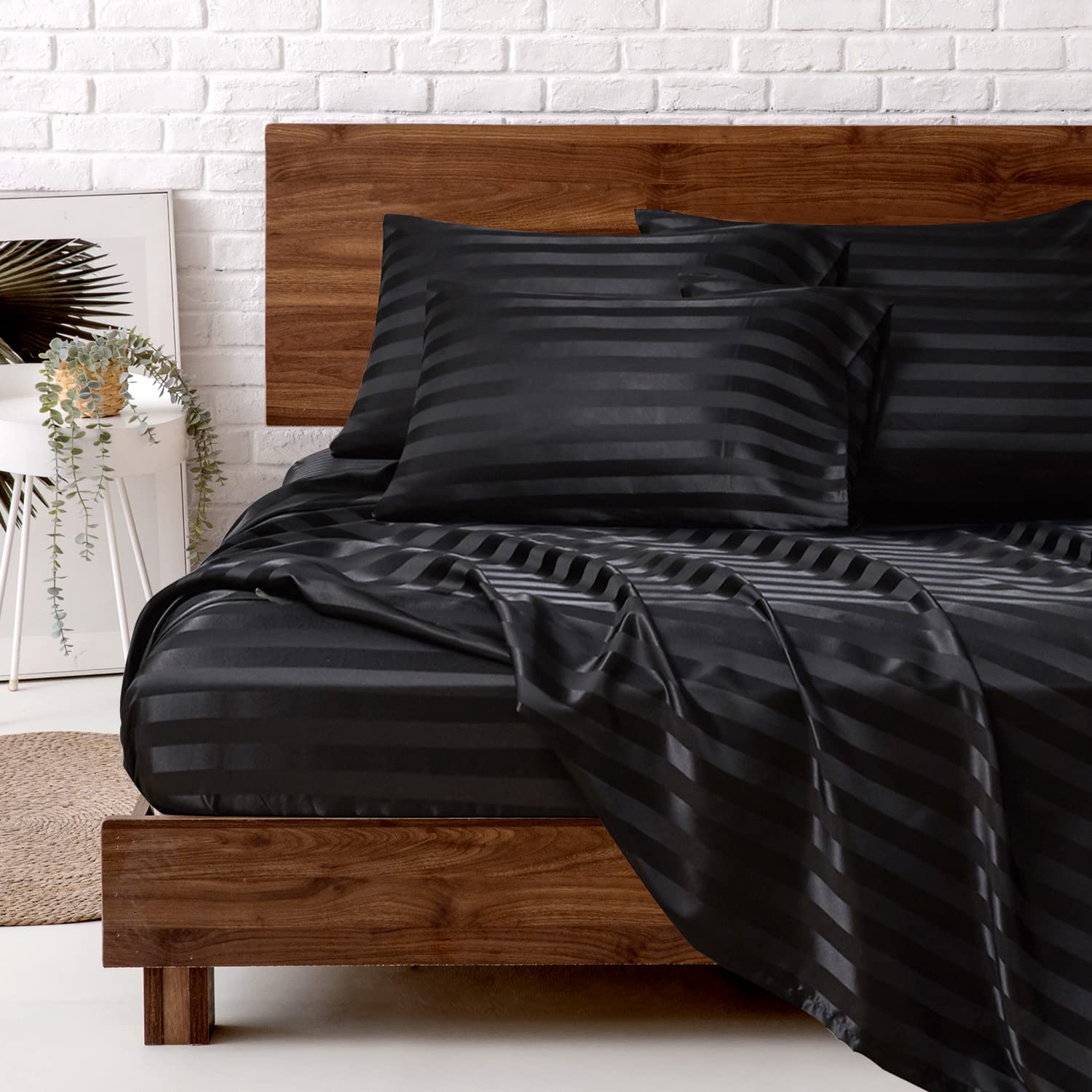 Mr&Hm Satin Bed Sheets, Queen Size Sheets Set, 6 Pcs Silky Bedding Set With 15 Inches Deep Pocket For Mattress(Queen, Black Stri