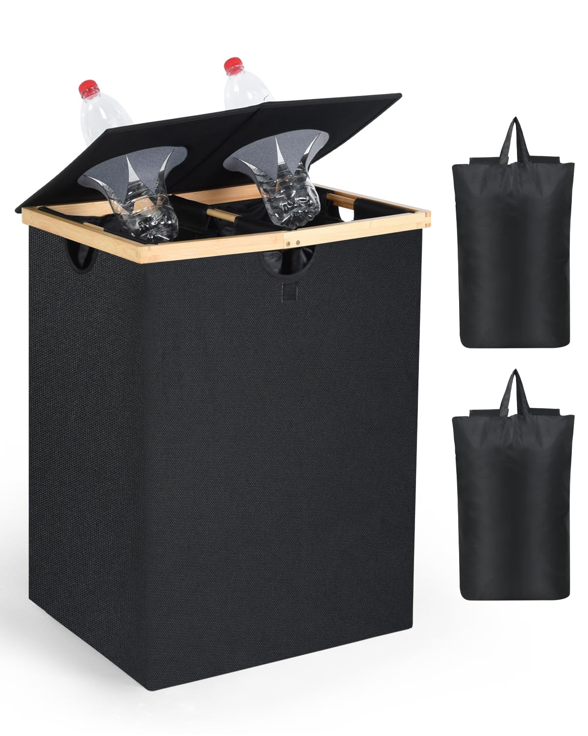 OTraki 140L Recycling Bin for Kitchen, 2 Compartments Large Home Recycle Bin with Lid with 2 Removeable and Reusable Inner Bag f