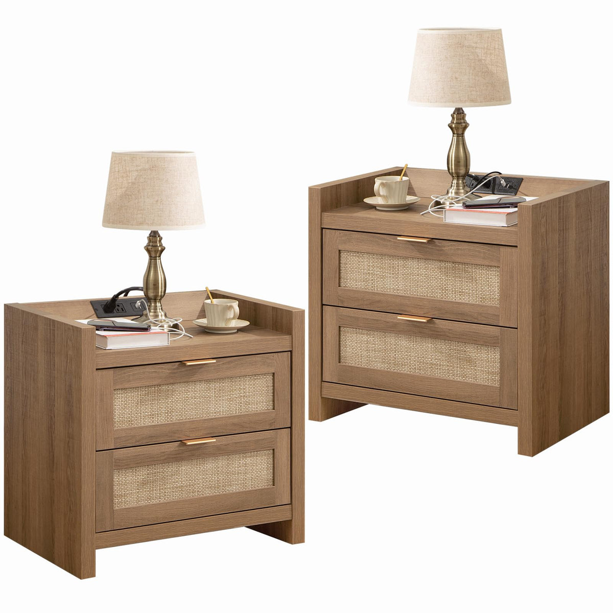 SICOTAS Night Stand Set of 2 - Rattan Nightstands with Type-C Charging Station, 2 Rattan Drawers - Boho Wood Bed Side End Table 